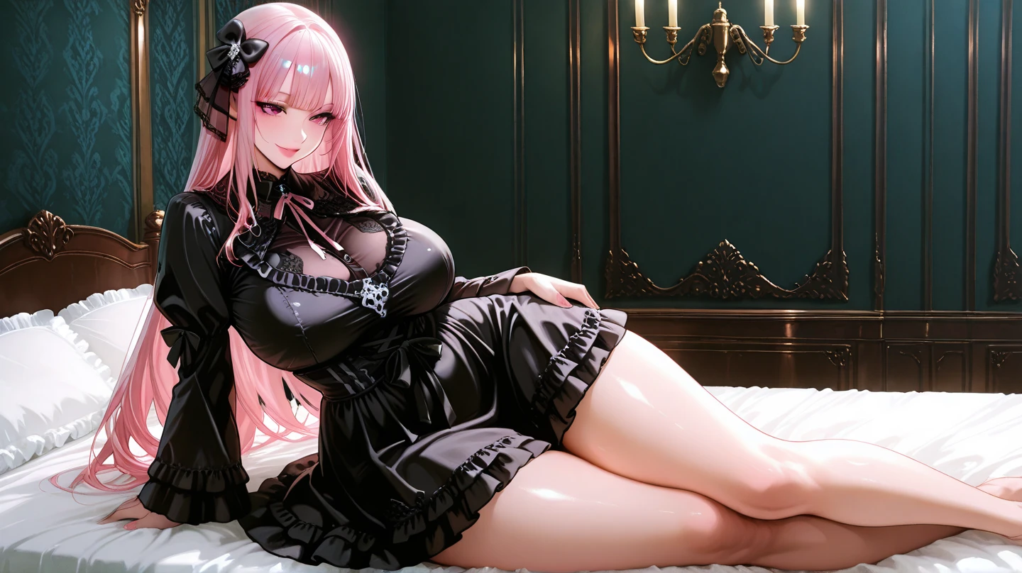 Big Breasts、Lace-up boots、Thin eyebrows、Beautiful eyes、whole body、squat、blush、high resolution、Lying down、Beautiful woman、 high quality ,4K ,Scanline illumination, Volumetric Light、8K Ultra HD, Soft lighting, high quality, Film Gray、Spread your legs、Pink Hair、long hair、Bondage、Knee-high stockings、bed、Lie down