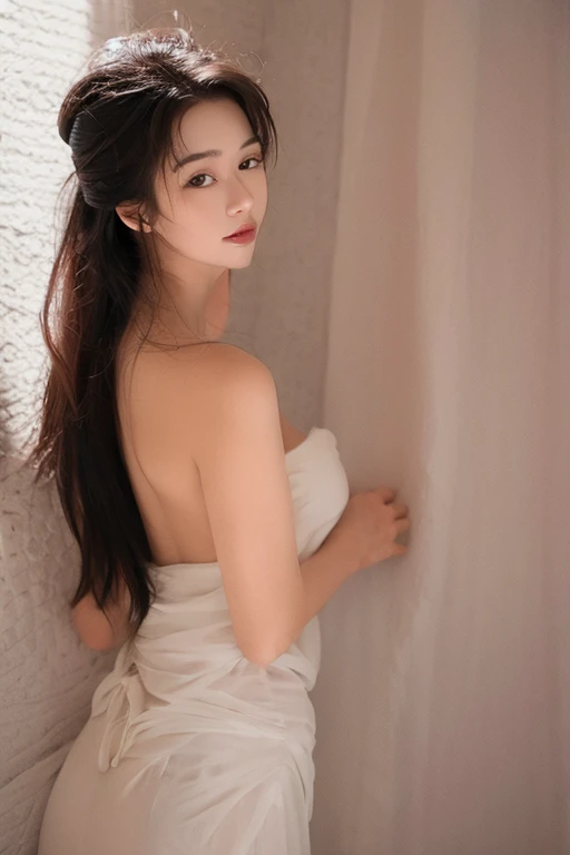 (Girl standing in a spacious bathroom)、(Rear view),(look back),Beauty、One personの少女、One person、Long Hair、Viewer、smile、(目をclose)、hair ornaments、gem、Grey Hair、口をclose、Bangs、bracelet、lips、Gray Eyes、Portrait、Red nails、close、赤いlips、Put your hands on your face、Place your hand on your cheek、(Shiny Skin)、(Wet lace off-the-shoulder white dress),((White panties are visible)),((Lift-up skirt))、((She's wet)),