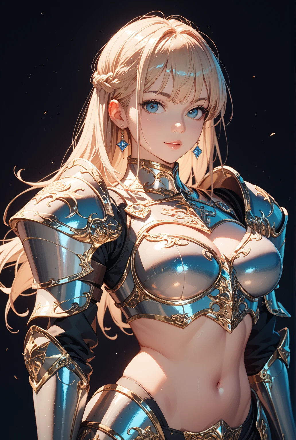"(masterpiece:1.1), best quality,
1girl, (80s anime style:1.3), (eyelashes:1.5), (loli:1.2),
(intricate high detailed body:1.2),
(yellow hair:1.1), (hair over one eye:1.1), (twin braids:1.1), (crown:1.2),
brown eyes,
(dark skin:1.5), (slim body:1.1), (gigantic breasts:1.3),
(expressionless:1.2),
(see-through lace leotard armor, underboob cutout:1.2), (garter belt:1.2),
(spiked knight armor, armored boots, capelet:1.2), (frill:1.1), (streaked hair:1.2), crystal necklace,
standing,
(upper body, cowboy shot, looking at viewer, from front:1.1),
(daytime, grassland, outdoors:1.1)"
