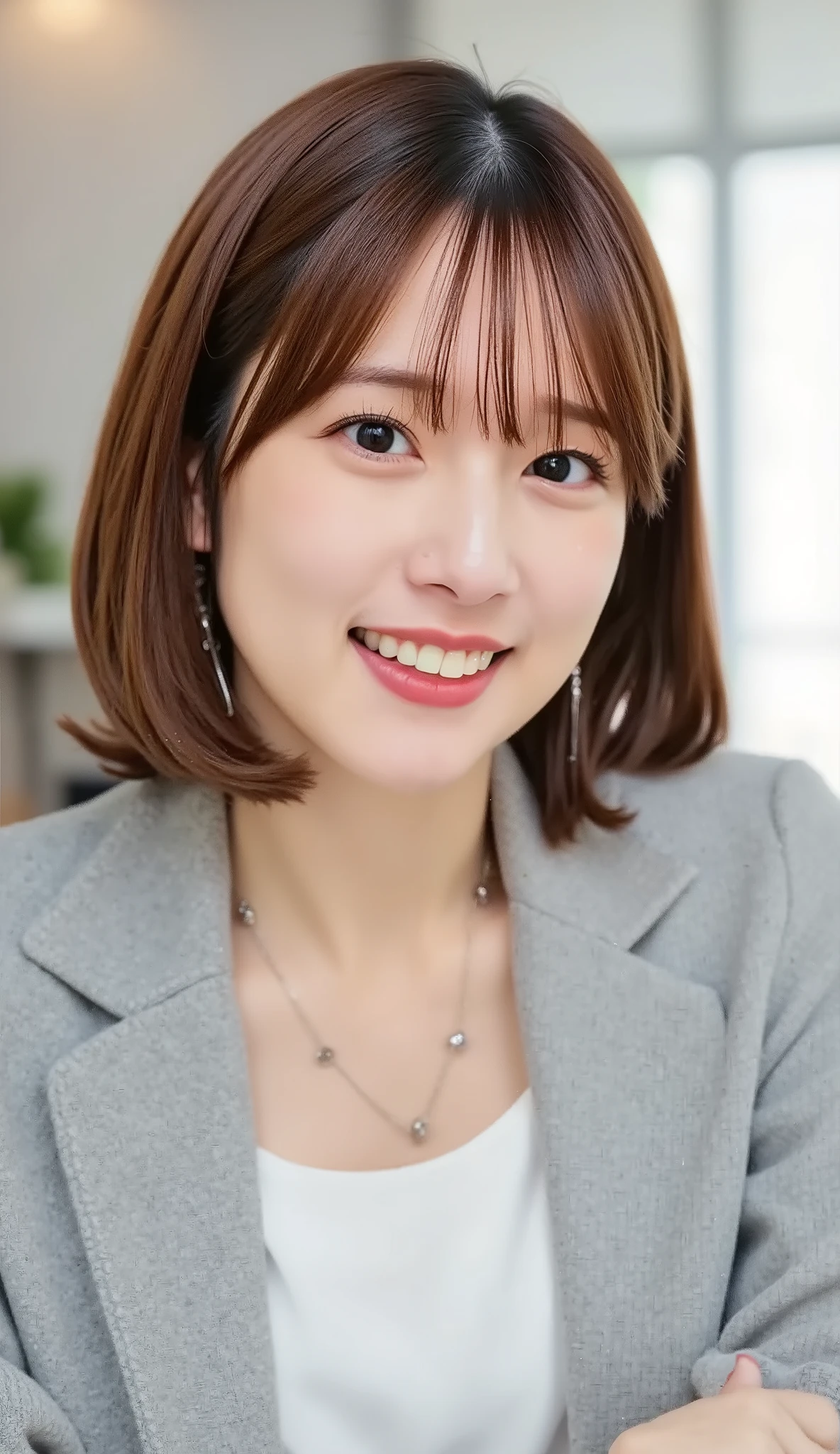 Neat Young Woman、and look at the camera、office lady suit、jacket、shirt、necklace、ear piercing、黒髪、、smile showing teeth、背景はオフィス

