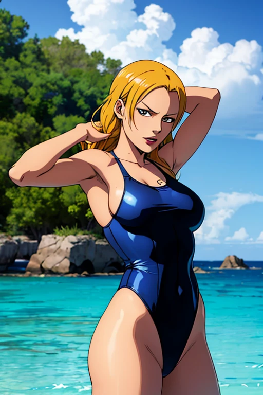 1girl, (masterpiece:1.4), (high resolution), (8K), (extremely detailed), (4k), (pixiv), perfect face, nice eyes and face, (best quality), (super detailed), detailed face and eyes, (solo), textured skin, absurdres, highres, <lora:pakunoda-09:0.7>, pakuwz, blonde hair, red eyes, short hair, large breasts, (evil smile:1.3), swimsuit, one piece swimsuit, cleavage, water, modeling, on back, dynamic angle, <lora:more_details:0.4>