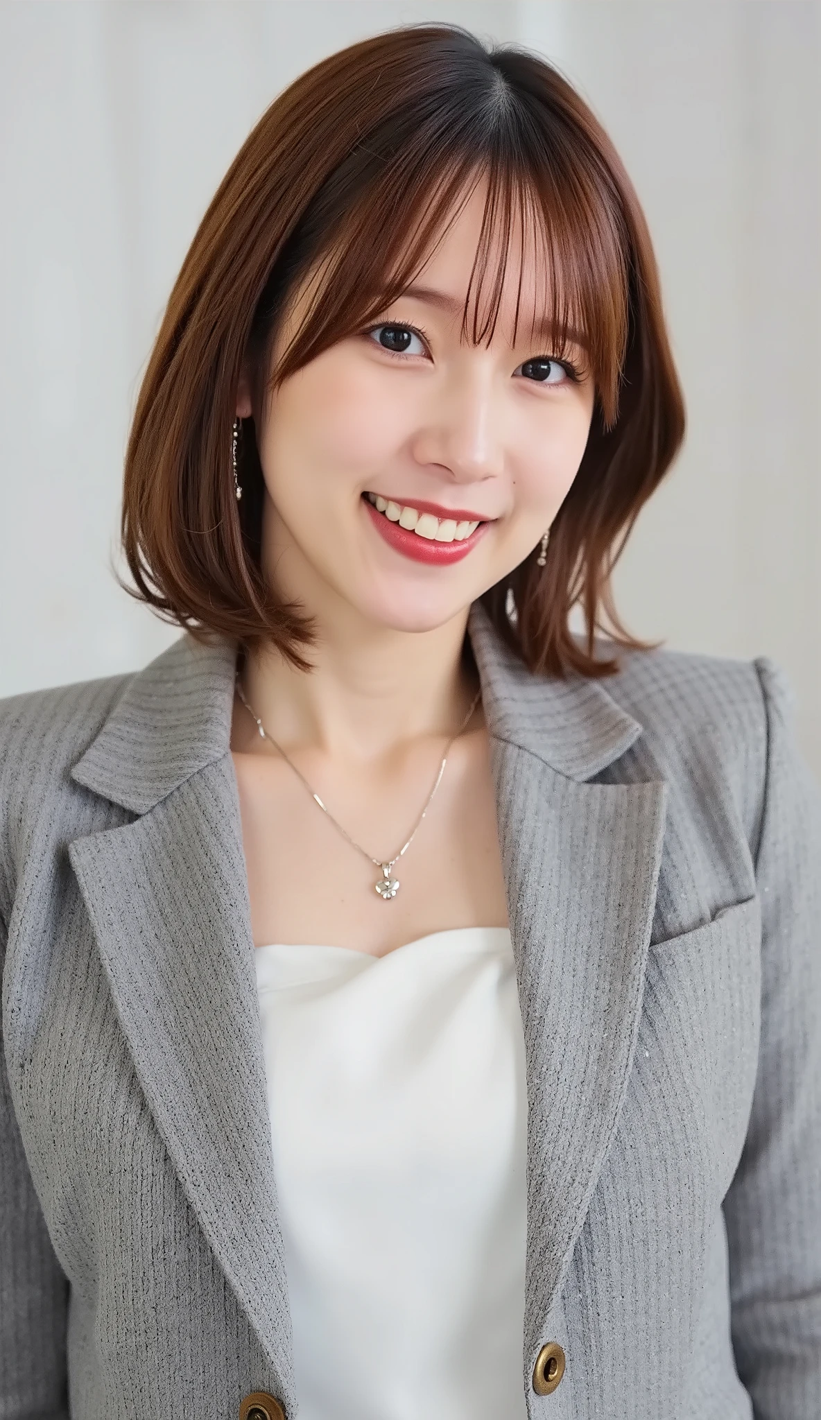 Neat Young Woman、and look at the camera、office lady suit、jacket、shirt、necklace、ear piercing、黒髪、、smile showing teeth、背景はオフィス