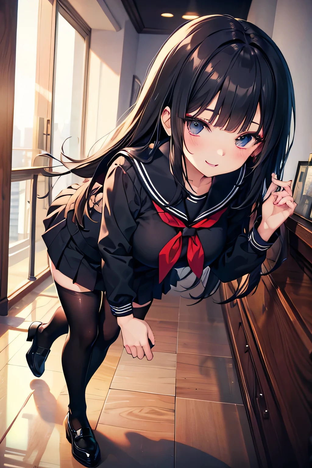 (masterpiece), 4K,woman,Long sleeve sailor suit,Small breasts,Small Ass,Curly Twin Tails,Light bulb lighting,Realistic, skinny, Big smile,Frill Bra,((,Short bloomers under a skirt)),Sitting on the stairs,((Knee-length pleated skirt)),Angle from below the knee