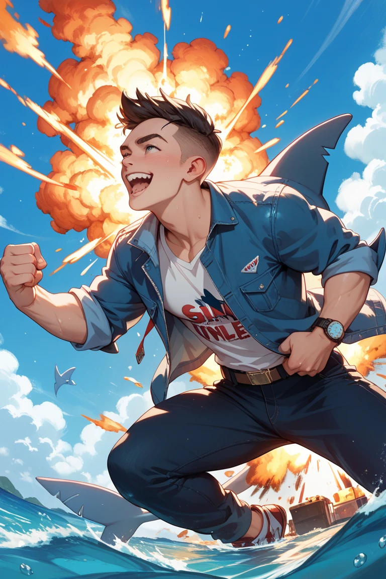 handsome anime boy, blue eyes beautiful like diamonds, hair blue like the sea, his face carved by the angels themselves, a black leather jacket, a pair of cowboy pants, pure black leather shoes, naked showing his penis, normal size, a beautiful and bright smile, no furry.