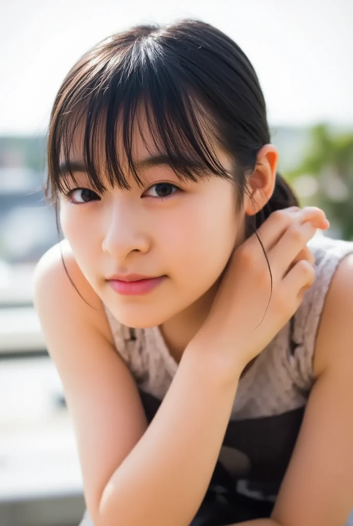 best quality, masterpiece, Ultra-high resolution, (Reality:1.4), original photo, Extremely detailed, perfect anatomy, 1 Girl, 12 years old, most popular japanese idols, portrait, Face focus, Innocent smile, Extremely cute child face, Extremely beautiful large black solid round eyes, Extremely beautiful long black hair, Very nice realistic skin, extremely beautiful lips, Very beautiful long eyelashes, Very beautiful teeth, Wearing glasses with cute designs, Detailed glasses, whole body, Transparent light blue dress