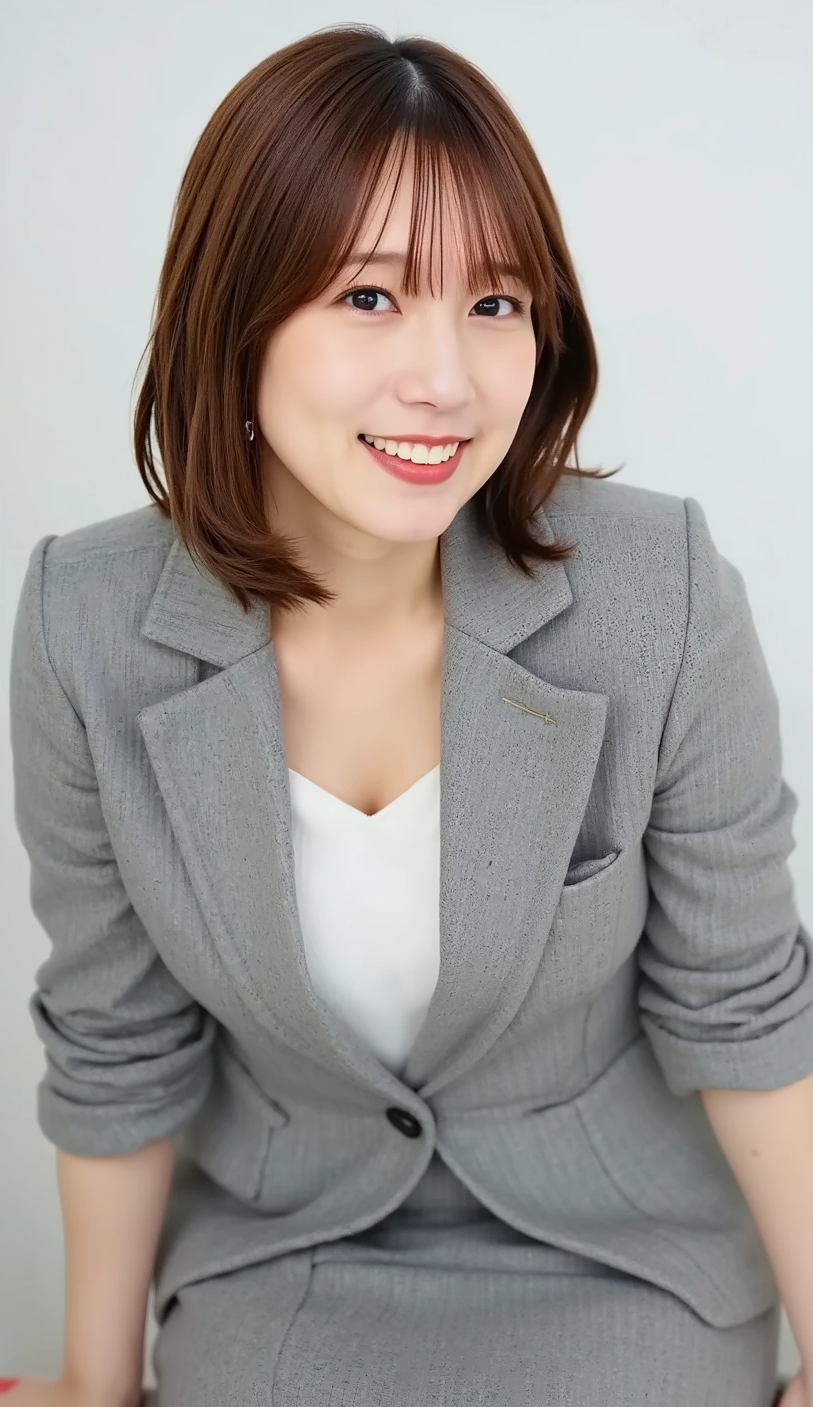 Neat Young Woman、and look at the camera、office lady suit、jacket、shirt、necklace、ear piercing、黒髪、、smile showing teeth、背景はオフィス