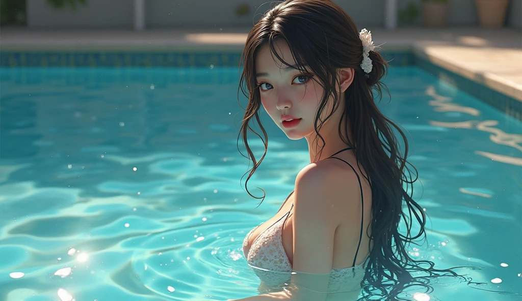 A realistic woman who is in a swimming pool
