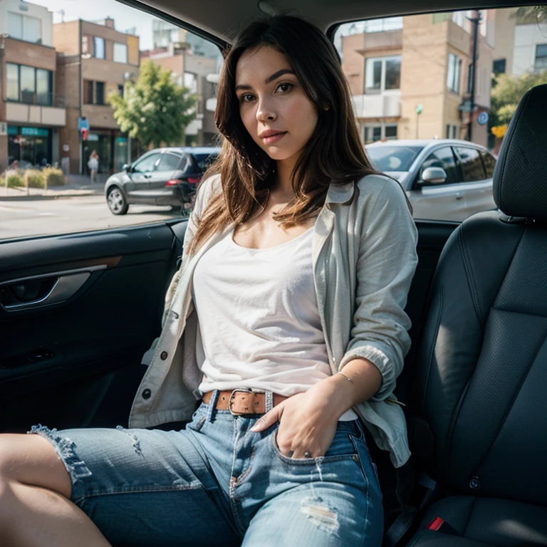 Fille avec un col V qui attend le taxi seul
