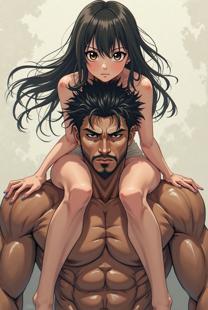 a muscular anime style girl strangling another muscular anime style girl with both hands while holding her above the ground