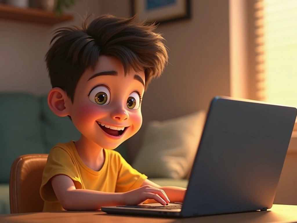 boy using laptop plugged in, At his side a mobile phone charging, tablet charging at his side; All these devices are connected to a single extension