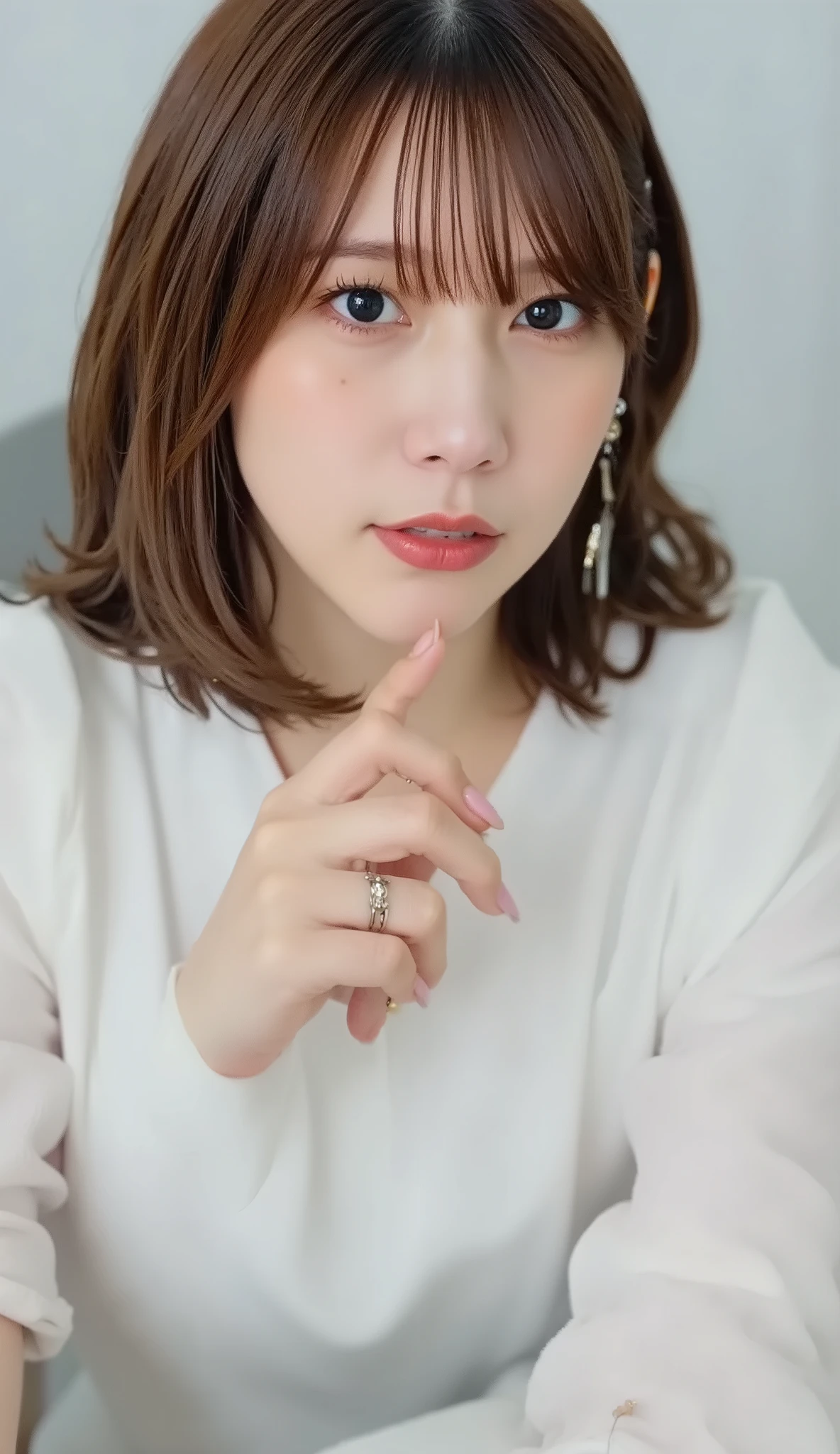 Neat Young Woman、and look at the camera、office lady suit、jacket、shirt、necklace、ear piercing、黒髪、、無表情、背景はオフィス