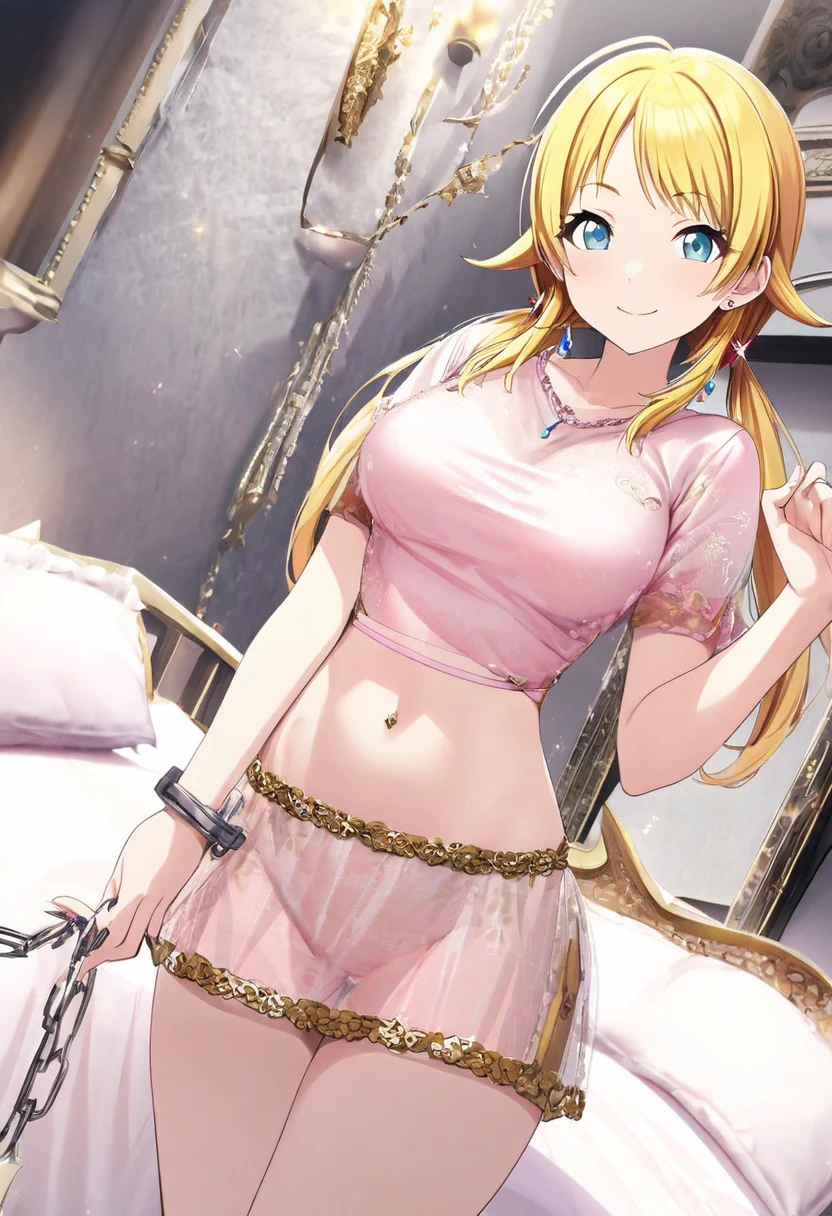 nude young girl with blue eyes, blonde hair and with very large breasts and a very thin waist in a pink see-through t-shirt, short pink wee-through skirt and twintails standing with a puffed up chest and arched back, smiling while looking at the viewer. She is standing in front of a bed covered in pillows in a palace bedroom. She wears a jewel navel piercing, and long golden chain earrings. Prison shackles is hanging from the wall.