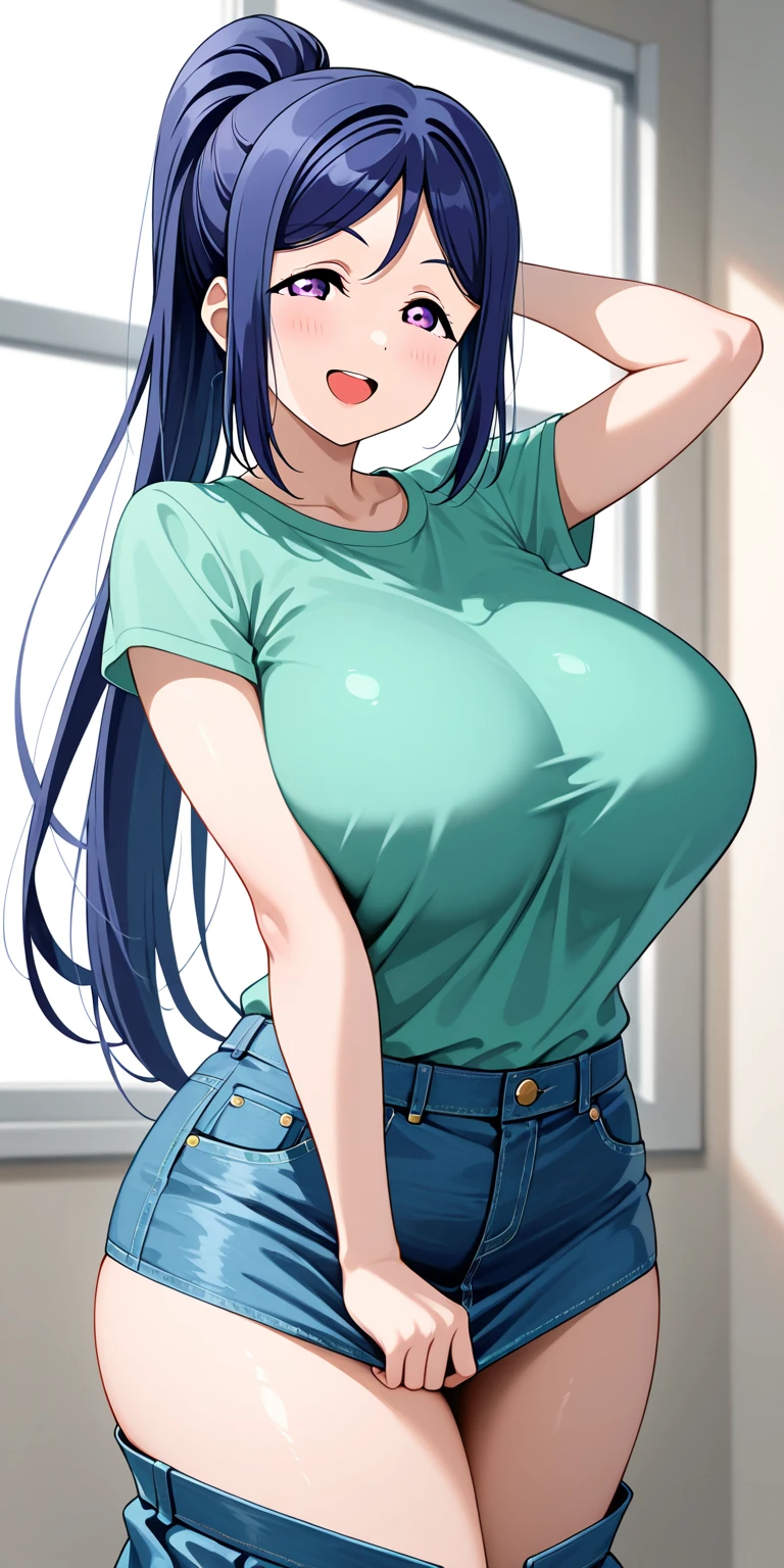 (masterpiece, best quality:1.2), cowboy shot, solo, 1girl, carly nagisa, open mouth, hands on hips, long black hair,  ((striped shirt)), ((jeans)), wristband, bedroom,bed, sitting,smiling,embarrassed ,(big tits),open shirt,((show tits)),((show nipples))