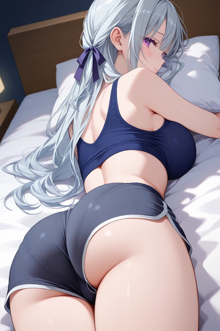 biwa hayahide \(umamusume\), under rim glasses, from behind,lying on stomach,('masterpiece,Best quality,1girl,Mature and intellectual lady,beautiful',),school swimsuit,wet_swimsuit,banquet,at noon