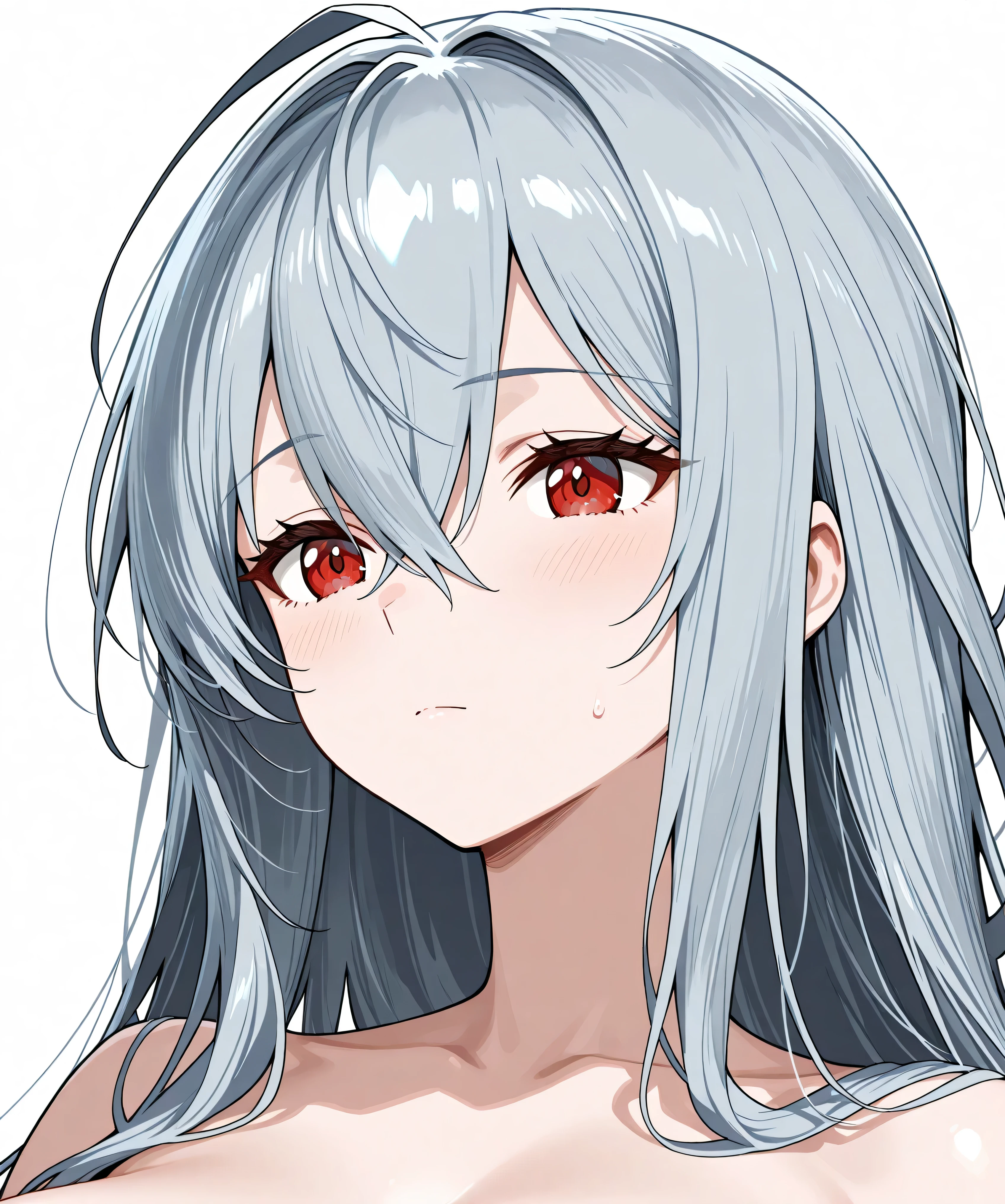 Anime girl sitting on the ground,Long gray hair and white underwear, Red eyes,With a smile on your face