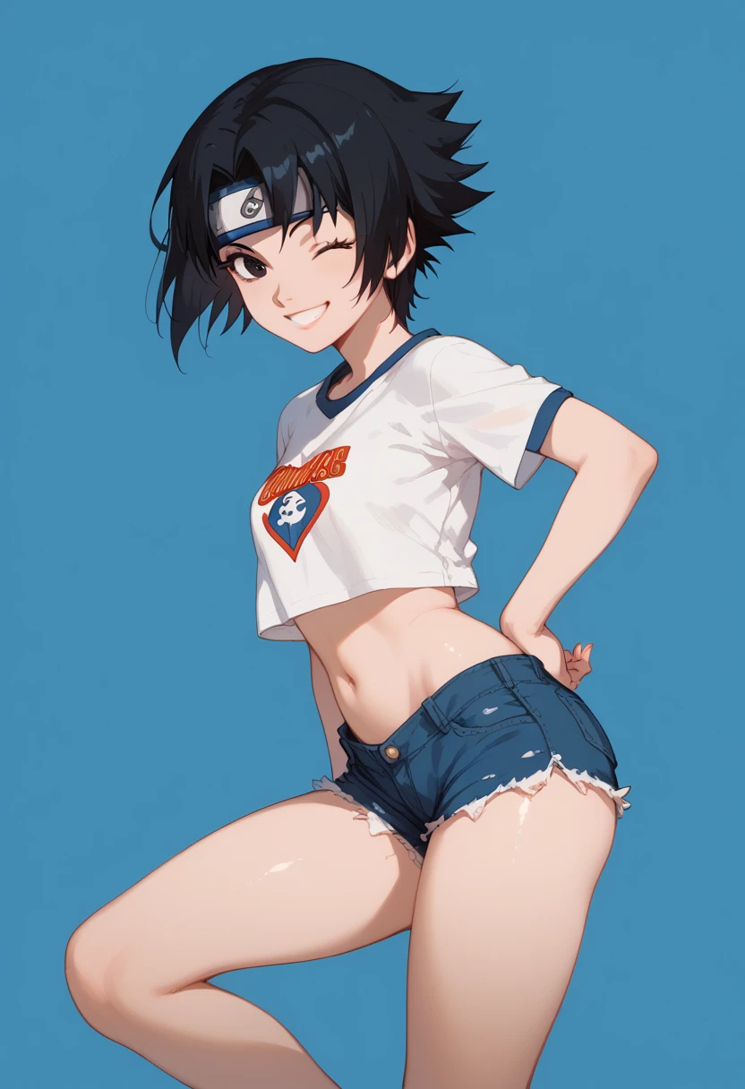 (Best Quality), (masutepiece), (super detailed), 1girl, MESUGAKI, Sharp Focus, eyesgod, up looking_viewer, animal ears, animal white tail, small underboob,  stomach, From below, Navy blue hair, Purplish red eyes, Thick eyebrows, Baby face, open mouth, double teeth, short cut hair, white and wet T-shirt,white hot pants, pool side, water splash, wet skin, thighs, dark brown skin, suntan lines, blue sky, white cloud