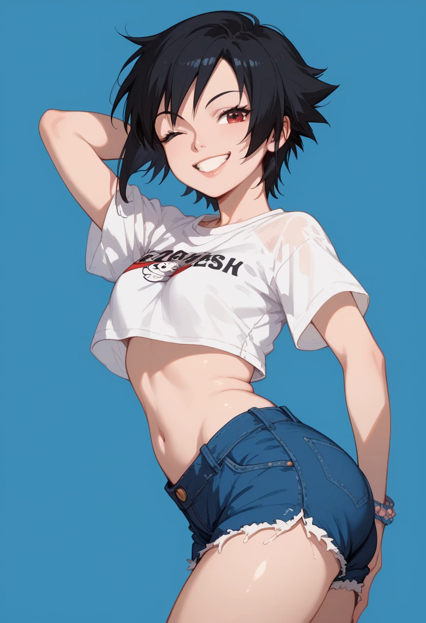 masterpiece, high quality, detailed eyes, 
1girl, solo, (tomboy, boyish:1.2), black hair, gold eyes, short hair, bangs, (woman:1.0),(mature:0.5), (large breast:0.8), (voloptuous:1.0), glistened skin, shiny skin, oiled skin, tall, leggy, light smile, open mouth, pubic tatoo,
looking at viewer, japanese FESTIVAL,  sunset, deep shadows, (contrapposto:1.0),  hand on hips,(cropped shirt, short shorts), heart earing, tattoo, choker, thigh strap,  necklace, nipple, cleft of venus, pussy, cameltoe,
(doujin:0.5), (anime:1.0),