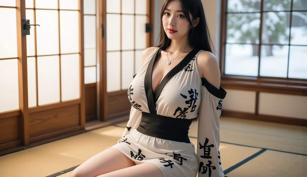 Arafed Asian woman, exuding an air of elegant tranquility, sits gracefully on a weathered wooden floor. Draped in the exquisite folds of a traditional Japanese kimono, she personifies the enchanting allure of a Japanese goddess. Her almond-shaped eyes, framed by delicate lashes, captivate with their crystalline depth. The generous cleavage of her voluptuous figure is tastefully revealed, the open jacket inviting a peek into her opulent assets. This beautiful Asian girl, with her full, luscious lips, epitomizes the allure of feminine beauty and the timeless elegance of Japanese culture. Gorge