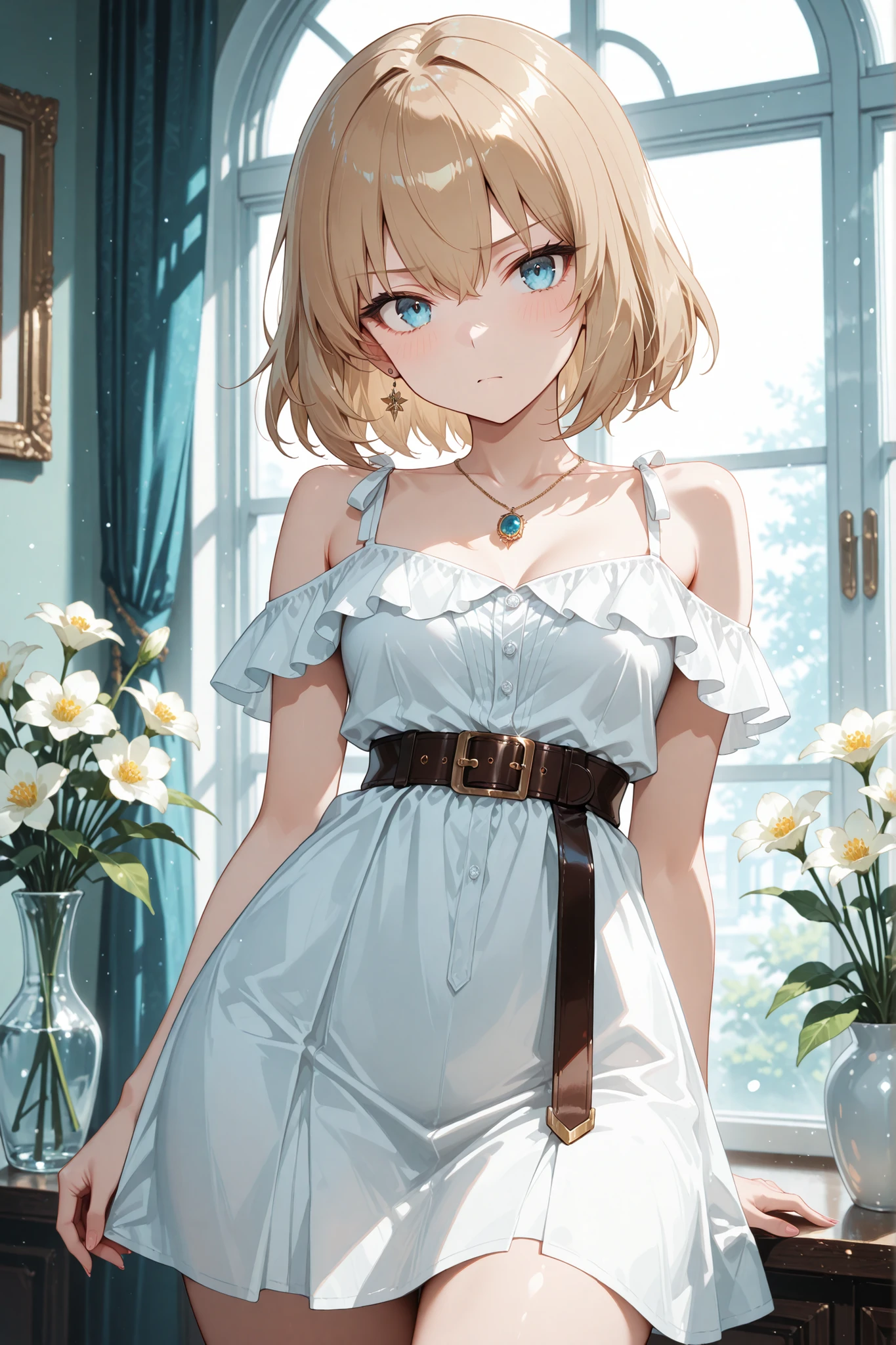 masterpiece, top quality, 非常にhigh resolution, Newest, Extremely Aesthetic, Great Quality,high resolution,    Shoulder Off Dress , jewelry belt, Flower Katyusha, 