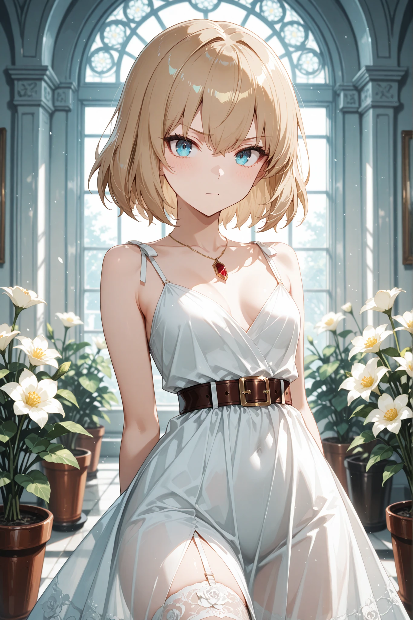 masterpiece, top quality, 非常にhigh resolution, Newest, Extremely Aesthetic, Great Quality,high resolution,    Shoulder Off Dress , jewelry belt, Flower Katyusha, 