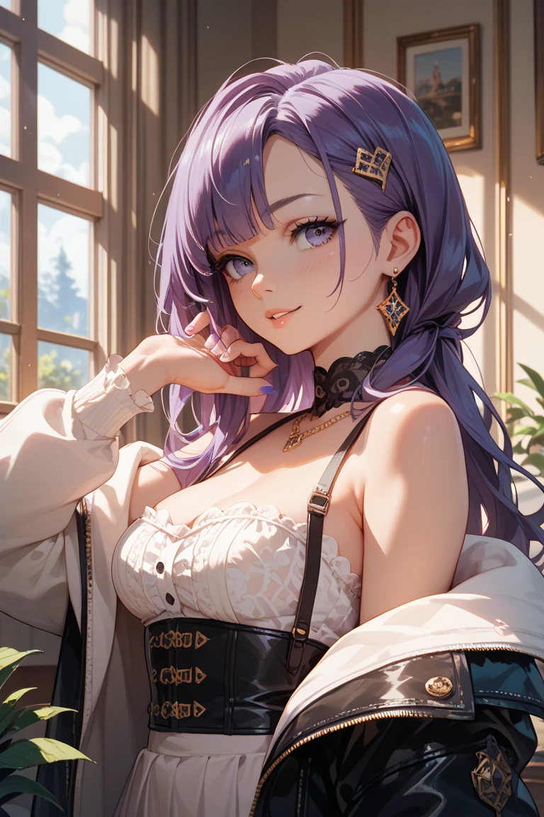 Best Quality,High resolution,8k,(plain white background, no patterns, no textures, just a plain white background:1.3),Masterpiece:1.2),beautiful girl,Big Breasts,(Shiny purple hair:1.3),bob cut,Beautiful purple eyes,kimono,Japanese Gothic,Absolute area,Gentle look,A refreshing look,smile,Best quality,Best Quality,Aesthetic and aesthetic:1.2,Best details((Super detailed))(High-definition CG illustrations),Slender body,smile,blush,cute,Scrounge,Looking up,Being spoiled,wariza