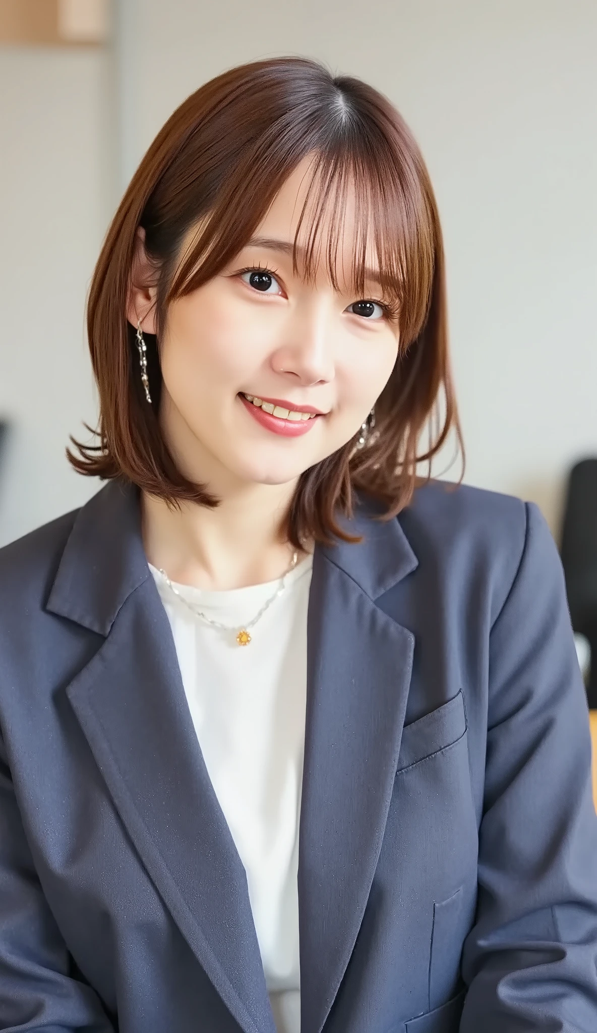 Neat Young Woman、and look at the camera、office lady suit、jacket、shirt、necklace、ear piercing、黒髪、、smile showing teeth、背景はオフィス