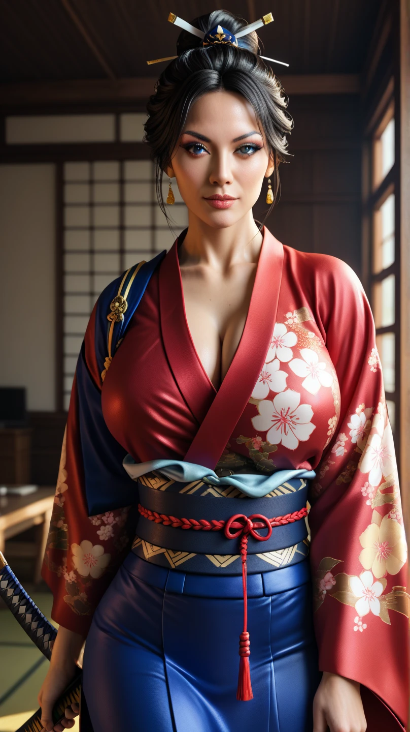 lucy pinder, smiling, ((very intense makeup)), profile, sexy, voluptuous, kimono, sexy
