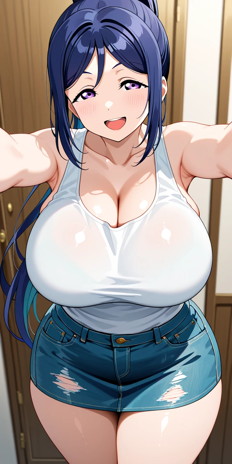 score_9, score_8_up, score_7_up, BREAK from front,from above,straight-on,breast lift,standing,,mediumshot,1girl,bulma, blue eyes, blue hair,bare shoulders, belt, cleavage, hair bobbles, hair ornament, hair over shoulder,medium breast,midriff, navel, one side up, red tube top, shorts,ass, side ponytail, (strapless, tube top,under_boob:1),,,looking at viewer,facial expression,smile,asterpiece, best quality, ultra detailed, highres,4k,(ultra-detailed) (illustration:0.5), (ray tracing,:0.8),(anime colored:0.7),(ai-generated:0.5), (anime screencap:0.8),cinematic lighting,professional lighting,1990s_(style),,