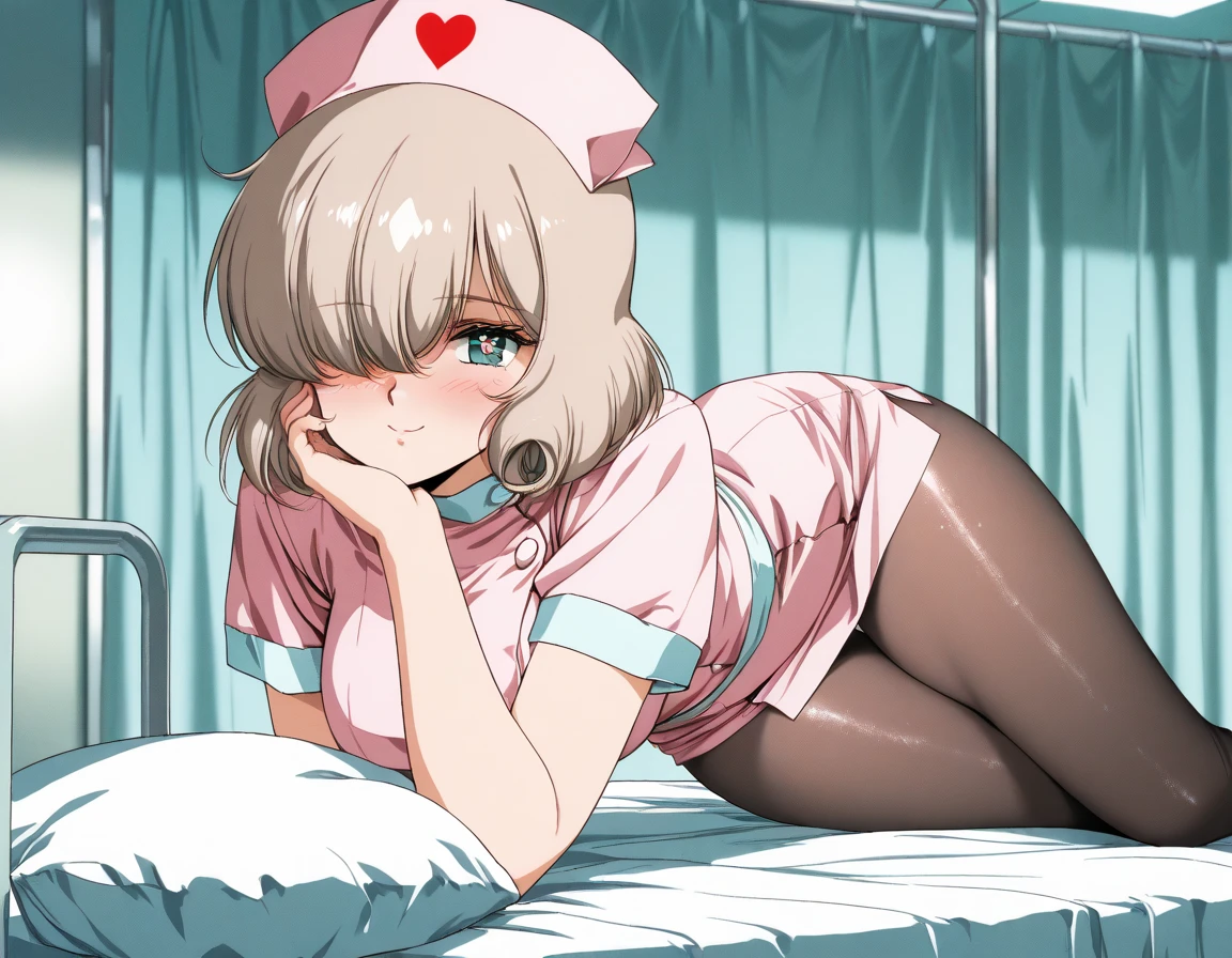(Crossdresser),blonde low twintails,服の隙間Voyeur,On all fours,Voyeur,Nurse uniform,Groin bulge,Side view,Masturbation,