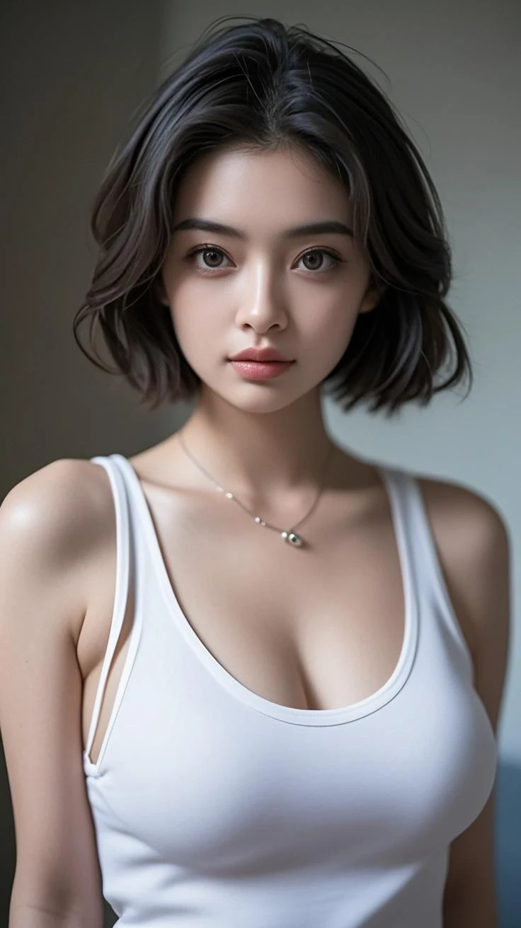Ultra-high resolution,masterpiece,Best quality at best, Perfect radiant skin, perfect lighting, Detailed lighting, dramatic shadow, Ray tracing, 1个Giant Breast Girl, looking at viewert, Large breasts, Exposed cleavage and belly, plump body, bigh tight, eBlue eyes, sharpy face, sharp vision, with long bangs, short detailed hair, Moles under the eyes, There is a mole in the corner of the mouth, ((sleep position in fancy bedroom)), wear a white Tight fitted spandex, Wet with (sweaty, Soaked),