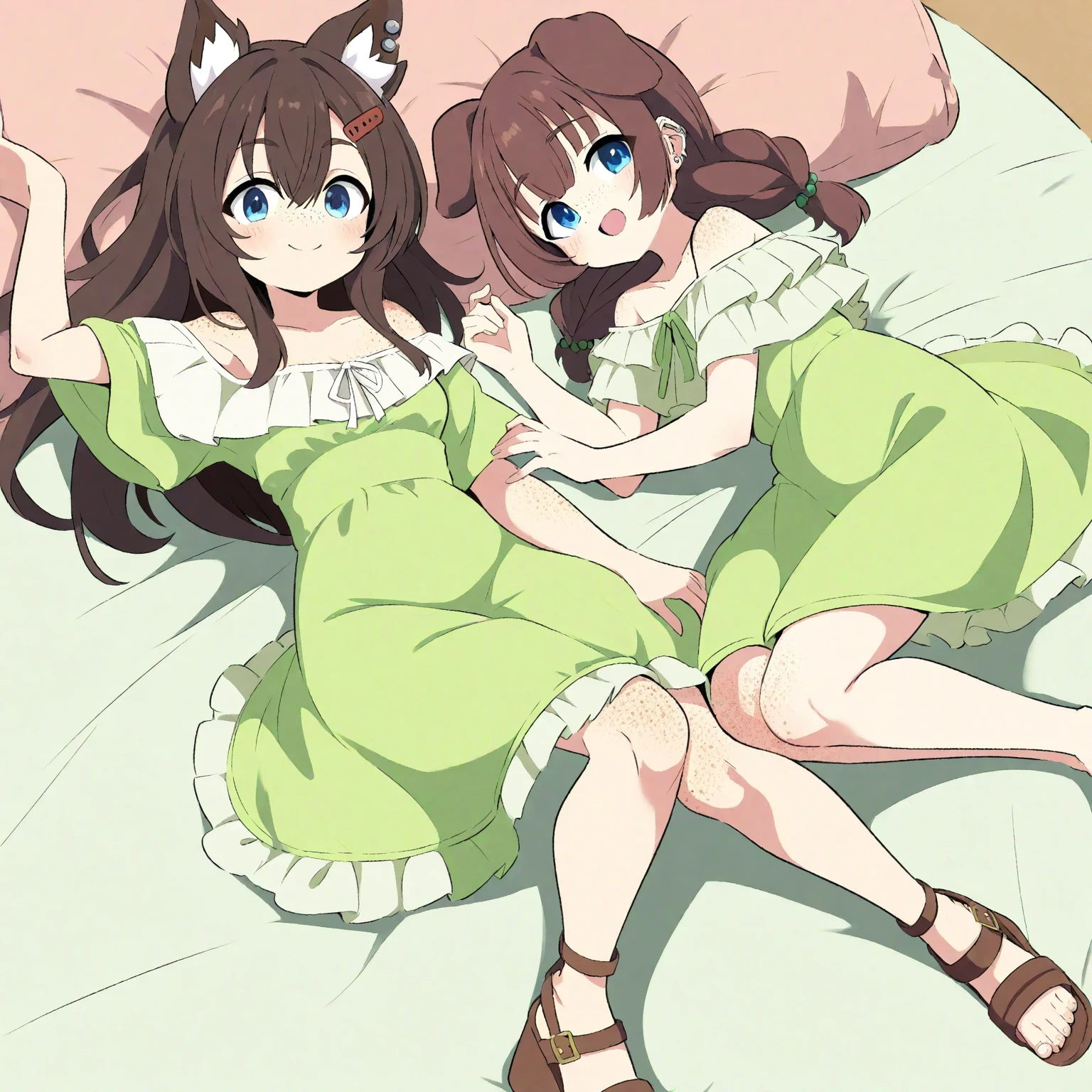Best quality, (connected_dicephaly:1.1), (2 heads:1.4), 1 girl, One, black dress, White running shoes, Brown hair, green eyes, cat ears.