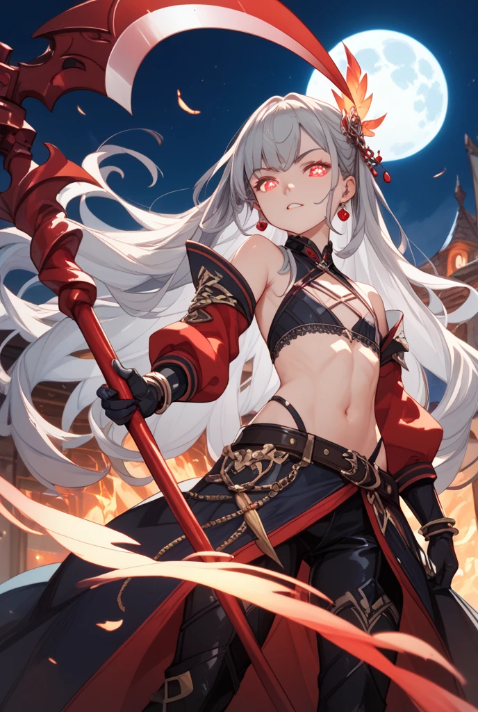 realistic, perfect eyes:1.2, detailed eyes:1.4, holding staff, wizard staff, smile, irezumi, red clothes, luna dress, bare shoulders, tattoo, back tattoo, short hair, bangs, white hair, braid, blunt bangs, hair rings, jewelry, bracelet, white hair, heterochromia, yellow and purple eyes, ass, pointy ears, elf ears, from behind , witch hat, cleavage, 1girl, solo, (masterpiece:1.6, best quality),