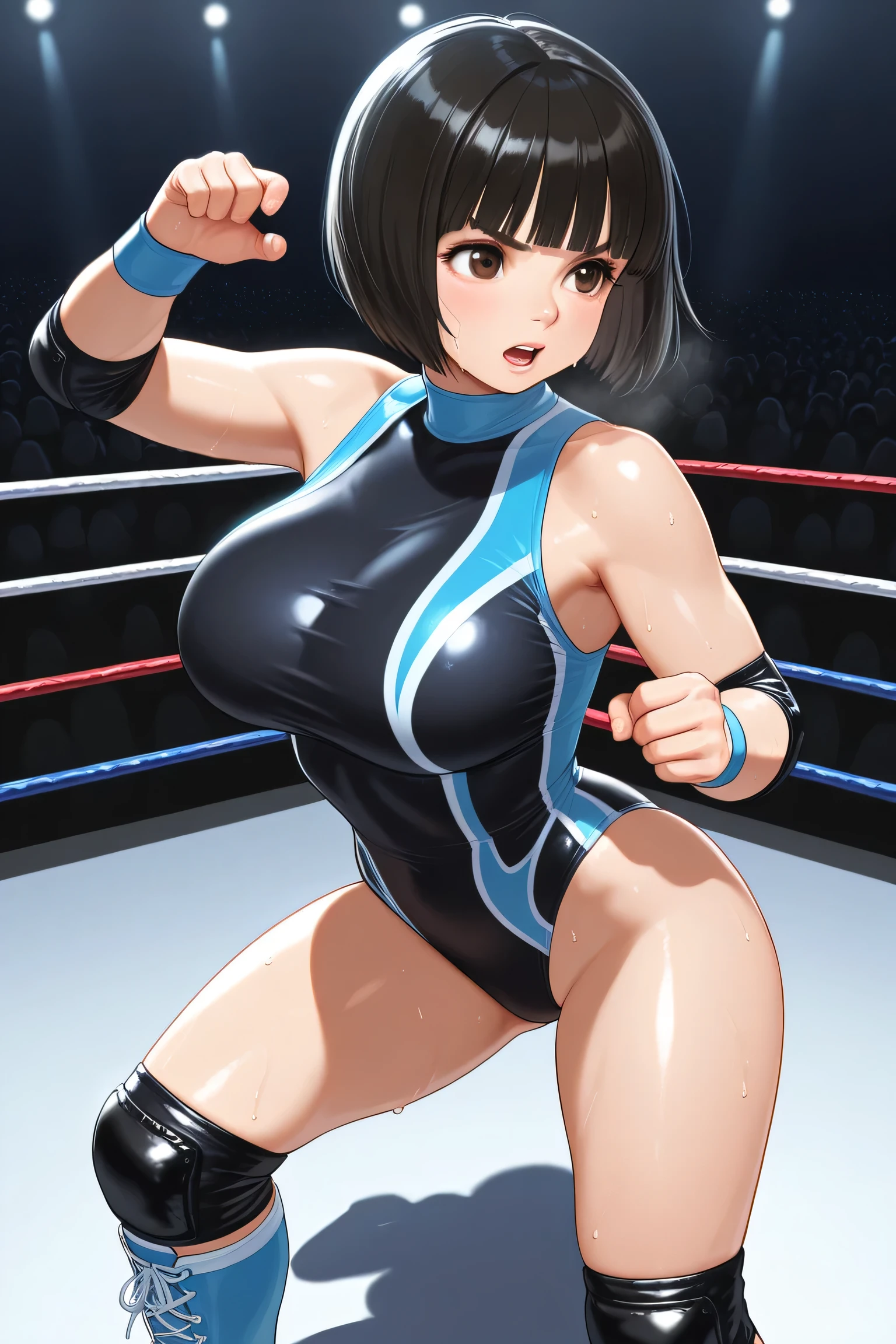 full body photographed、(highly detailed:1.2) ,ultra-detailed,top-quality,hight resolution,japanese mature woman,she is 35 years old,back facing,Big eyes、white sporty boots、knee brace,white competition swimsuit,gleaming skin,pro-wrestling venues、female pro-wrestler、((On the ring of pro-wrestling:1.3))、tiny tit,skinny,(all-fours:1.3),crying,open mouth,sweating,steam,shot from front,looking distantly.