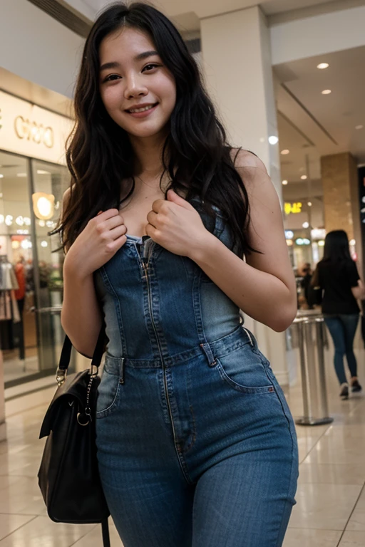 Beautiful 26 year old woman, 170 cm tall, 60kg weight, White skin, long dark curly hair, green eyes, hairstyle, wearing short denim overalls, topless, heels, looking somewhere else, (((Mall))), front of the window, laughing out loud, natural morning light, Realistic portrait, Very detailed, analog style, under the chest, mama, nipple, (((Whole body))),