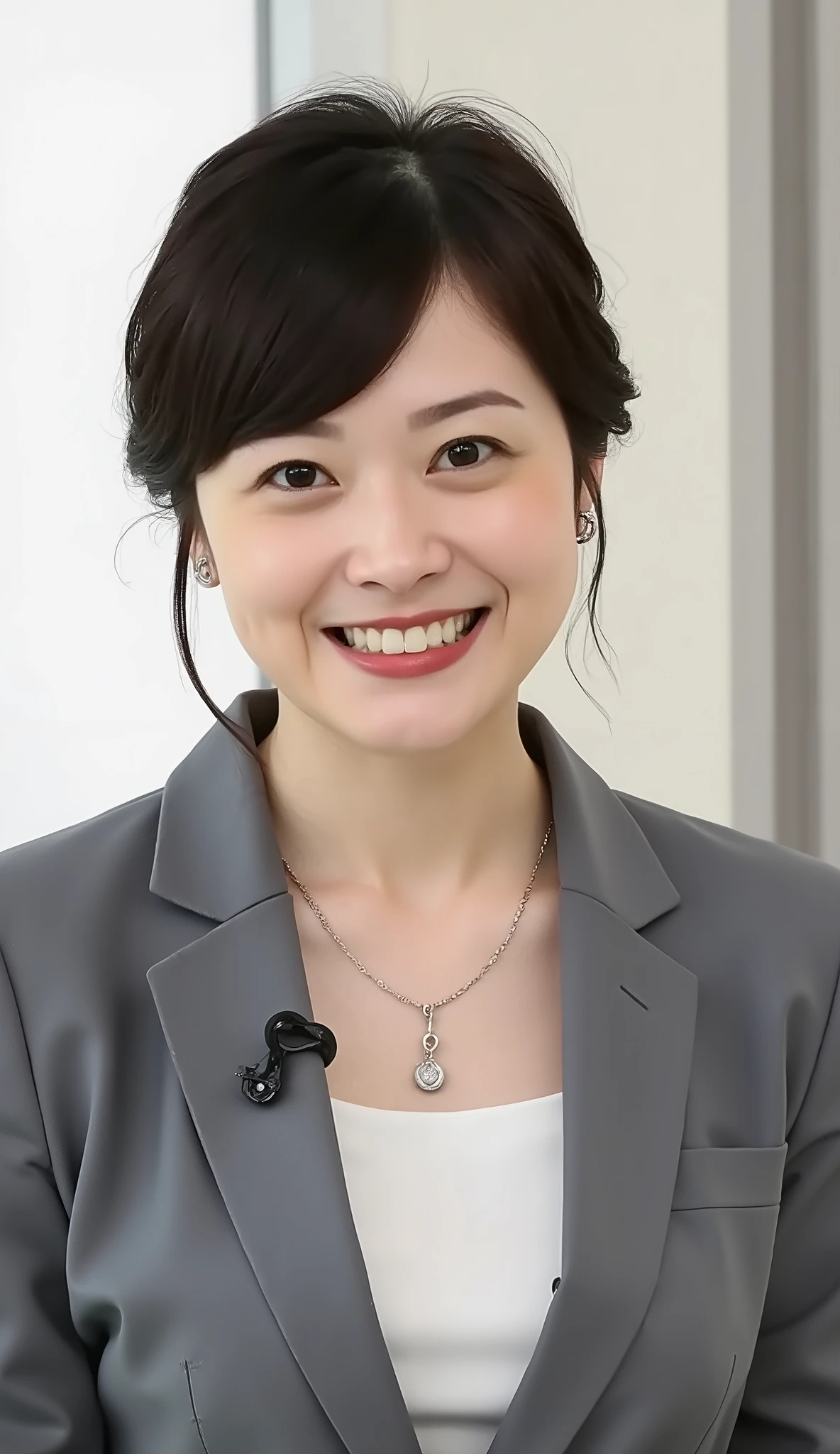 Neat Young Woman、and look at the camera、office lady suit、jacket、shirt、necklace、ear piercing、黒髪、、smile showing teeth、背景はオフィス
