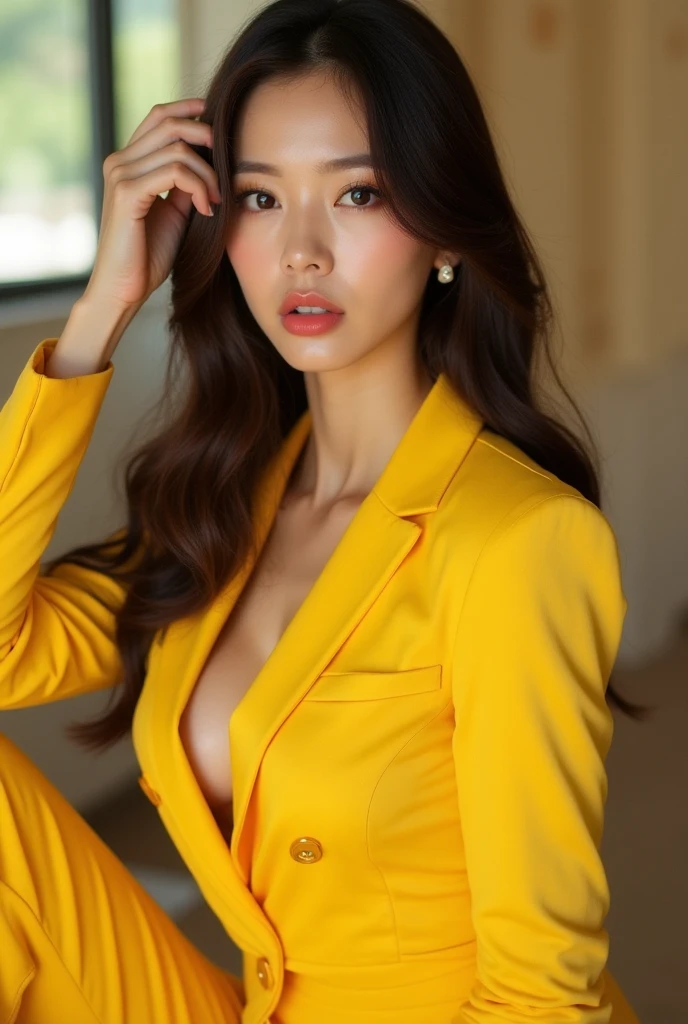 (Highest quality、Ultra-high resolution、masterpiece)、(Full Body Portrait)、(Yellow Blazer)、shirt、(Yellow long skirt:1.3)、(silk pantyhose)、High heels、(When sitting, both legs look beautiful.)、1 girl、(Large Breastodern architecture in the background、((Perfect Anatomy, Perfect body, Perfect hands, Perfect Face, Perfect Eyes, Accurate, Anatomically correct)), Perfectly clear and sharp focus, (Highest quality、Ultra-high resolution, masterpiece, Ultra-realistic)、Professional Lighting