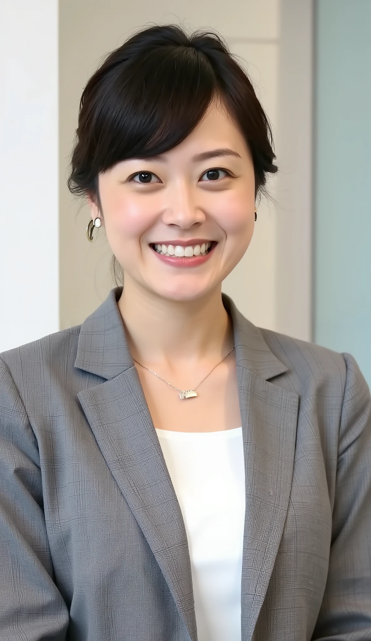 Neat Young Woman、and look at the camera、office lady suit、jacket、shirt、necklace、ear piercing、黒髪、、smile showing teeth、背景はオフィス
