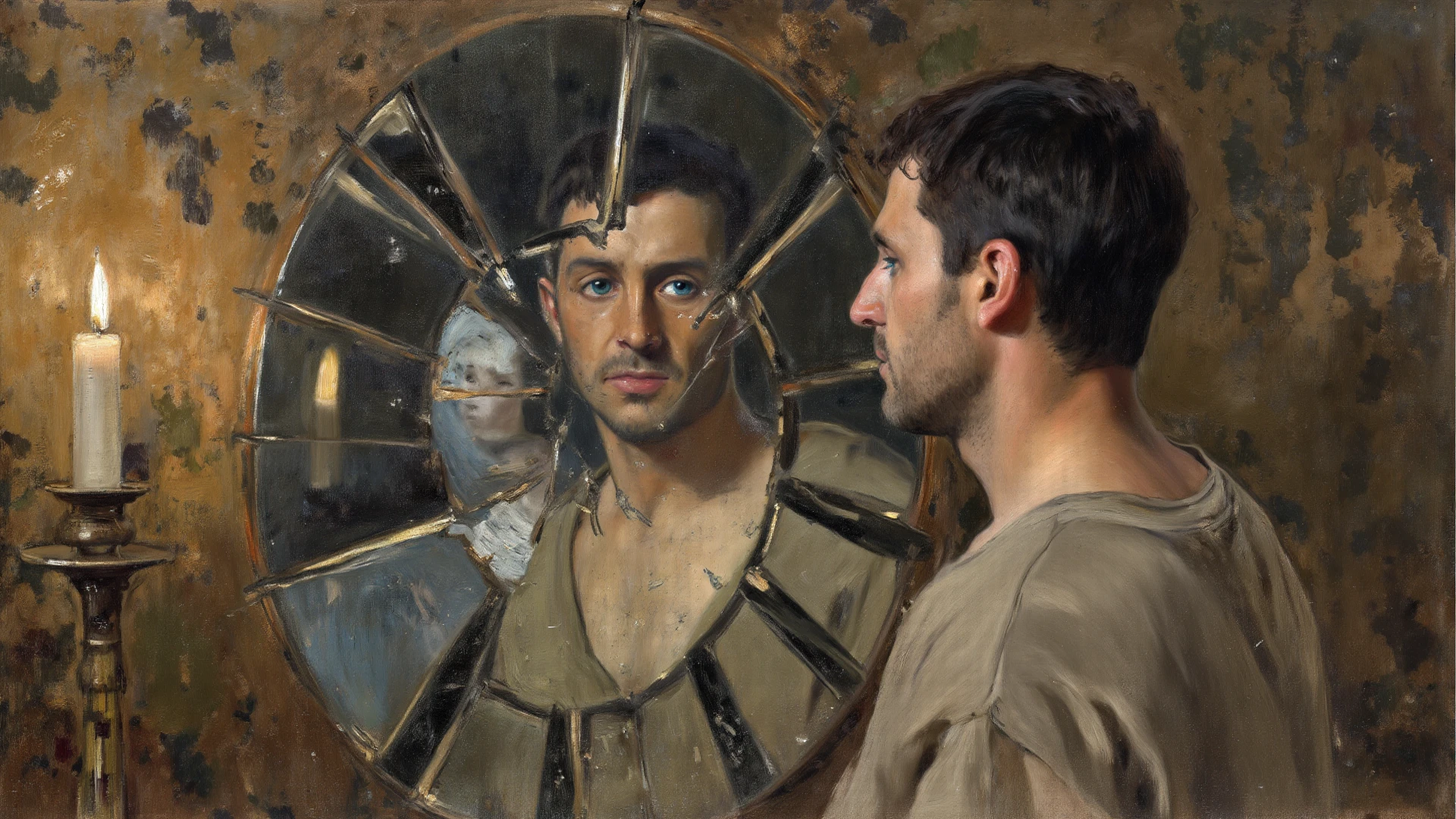 best quality, masterpiece, (realistic: 1.2), 1 man, Eren Jaeger, real life, live action, black jeans, black pants, brown hair, attack on Titan, long hair, abs, muscles, shirtless, sunset background, looking at the mirror, black jacket, fitness, fit body, slim body, high definition, high quality, gigachad, back muscles, back, leaning on a mirror