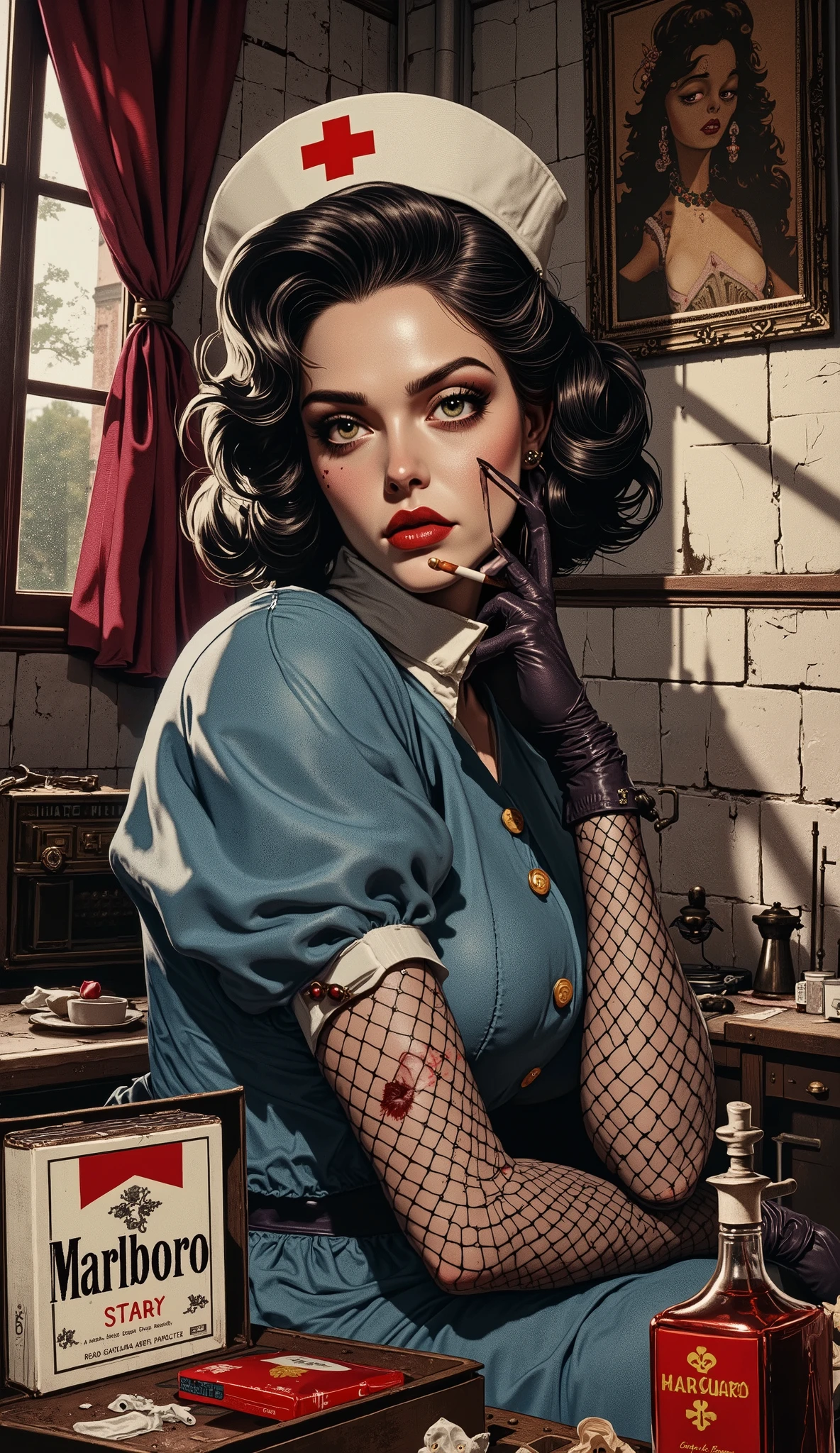 A darkly romantic, decadent image of a nurse, combining Burton's grotesqueness with the melancholic glamor of Lana Del Rey. She looks like a cross between the heroine of "American Psycho" (her nurse) and the character from "Dark Shadows" — beautiful, but with obvious madness in her eyes. The nurse's appearance: Porcelain pallor, but with a slight blush in the style of vintage glamour. Eyes: large, cold, melancholic, with dark shadows (as after insomnia), but with sharp highlights — as if she had just cried. Lips: scarlet, half-open, in the style of the 50s), stretched in an artificial smile. Hair: dark, slightly disheveled, with curls à la old Hollywood (maybe one gray strand). Figure: Refined, but with a Burtonian angularity — long neck, sharp shoulders.The pose is dramatically tired (leaning on an IV drip), unnaturally arched (as in old horror movies). Nurse's uniform: blue medical gown, (like the nurses from "Dark Shadows"). Fishnet stockings with arrows, worn low-heeled shoes. Medical gloves up to the elbow — one is torn, the other is stained with something suspicious. Accessories: A cigarette in a long mouthpiece (smoke forms a skull). A first-aid kit labeled "Poison". A bottle of perfume with the label "Tears of patients". Background: An abandoned hospital from the 60s: peeling paint, cracked tiles, but with a touch of old-fashioned chic (crooked velvet curtains). There's a tattered poster of a retro nurse hanging somewhere. There are broken vials, syringes, and crumpled Marlboro cigarette packs on the floor (a hint of Lanin's aesthetics). There is an old radio in the corner, The main colors are dark blue, burgundy, dirty pink, khaki. Accents: scarlet (lips, blood), gold (buttons, earrings). Light: Sideways, like in noir movies — half of the face is in shadow. Moonlight from the window, falling in streaks (as in "The Addams Family"). Emotion and Action: She can: Lazily glance in the mirror (which reflects not her, but someone's skeleton). Stylized digital art.