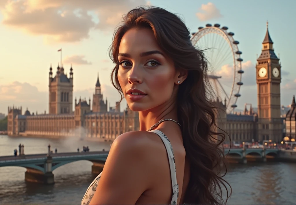 professional photo of 1 Girl ,age 20, 170 cm height, beautiful girl, mix of taylor hill face, amber heard face, miranda kerr face and yael shelbia face,,beautiful face, real face, light brown hair, medium to long hair, Highly quality texture hair, curly hair, medium to large breasts,cleavage, blue eyes, sexy hips, curvy girl, perfect body, white skin, radiant skin,skin texture details, sexy attire, sweet girl, jaw dropping beauty, top-quality, masterpiece, hight resolution, Photorealsitic, Raw photography, 16k wallpaper, Beautiful face, flawless, professional lighting, highly detailed,, London Sightseeing, Tower Bridge background, (lavander skirt, black Contrast multicolor blouse, chanel elegant blouse with intricate details, Color: pink And yellow Color, polka dot mini skirt with beautiful magenta print floral details, chanel designer skirt and blouse, expensive skirt, multicolor blouse, London Sightseeing, Tower Bridge background, strikes a pose, exuding an air of romance and refinement,, ((Look at viewer, seductive smile, full body photo, ultrasharp, image clarity, Canon EOS M50,Hybrid AF with 179-point focal plane phase detection and 25-point contrast detection nikon500, Happy smile, elegant pose, stylish, chanel summer collection, haute couture skirt and blouse, multicolor skirt with intricate details, embrodery details, London Sightseeing, Tower Bridge background, off shoulder look, bottom angle, backgound details, foreground objects, full model pose, soft light on her face, try to accentuate her beautiful face, London Sightseeing, Tower Bridge background view, image clarity, elegant pose