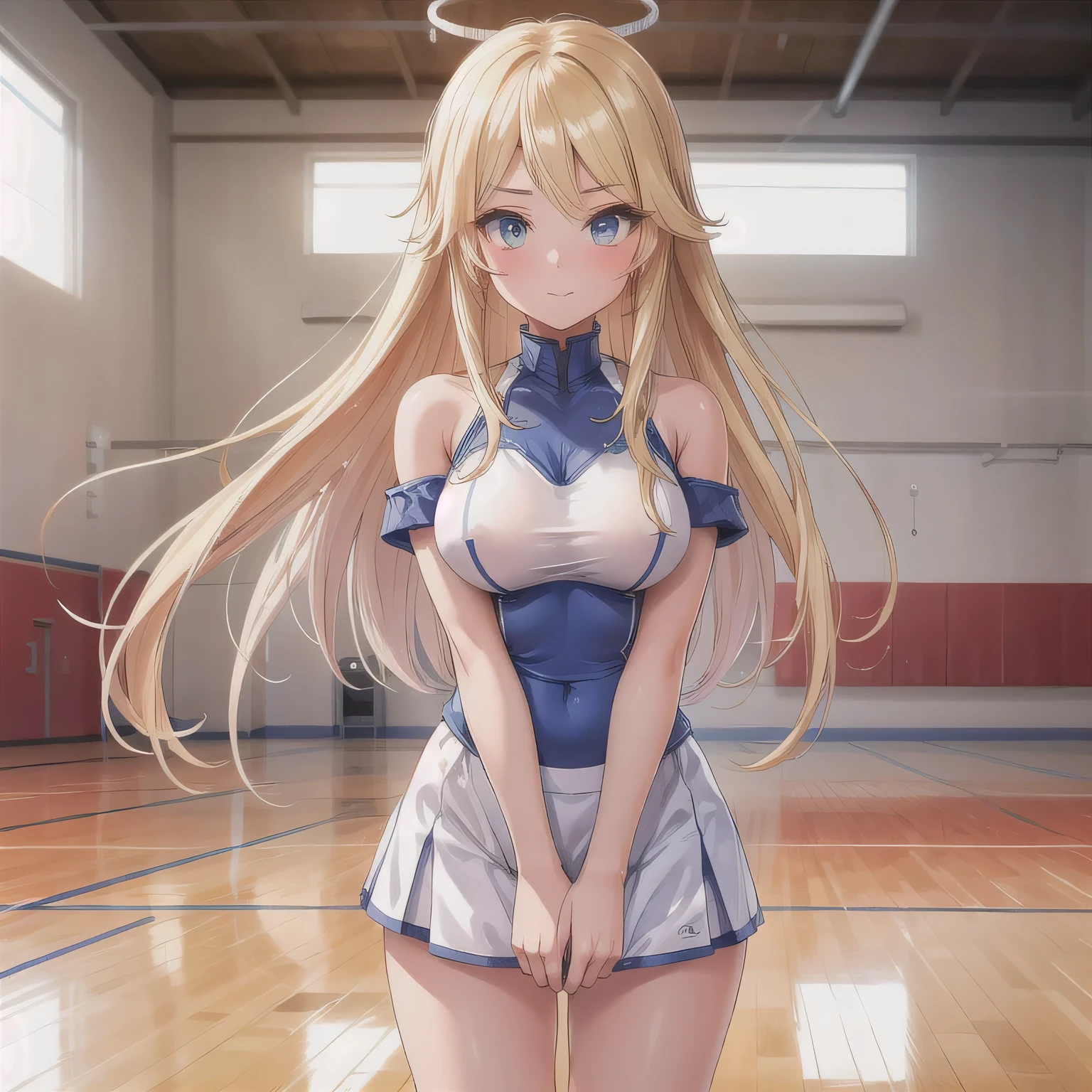 young Japanese girl, loli, gyaru, student, white sports bra, blue mini skirt, white high socks, petite body, slim, flat breasts, thick legs, slim waist, school gym, sweaty body, cinematic lighting