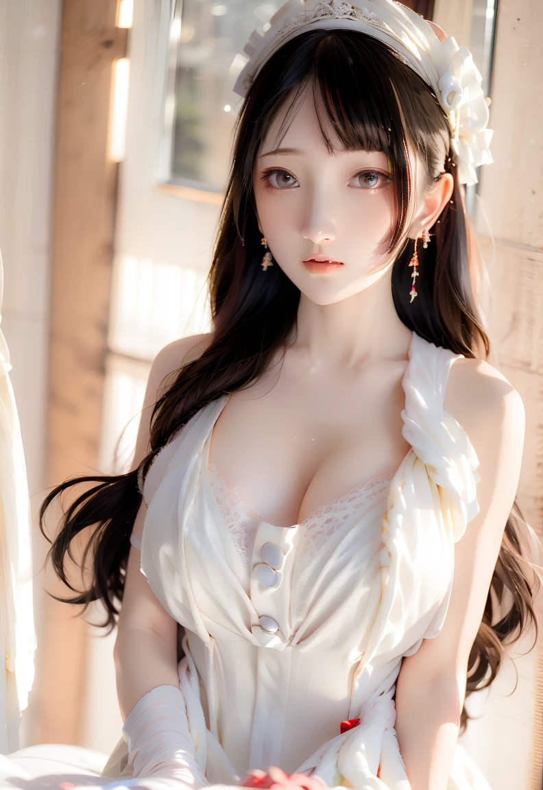 masterpiece, 1 beautiful girl, Delicate eyes, Purebred face_v1, Top quality, Ultra high resolution, (Reality: 1.4), Japanese, Korean, very beautiful, Beautiful skin, slim，Very sexy, (超Reality), (high resolution), (8K), (Very detailed), Delicate face, Bright Lights, Professional lighting, Looking at the audience, Face straight ahead, White backless see-through antique dress,big nipples, Black hair, long hair, long hair與辮子, Bangs，Double bun，hair accessories。