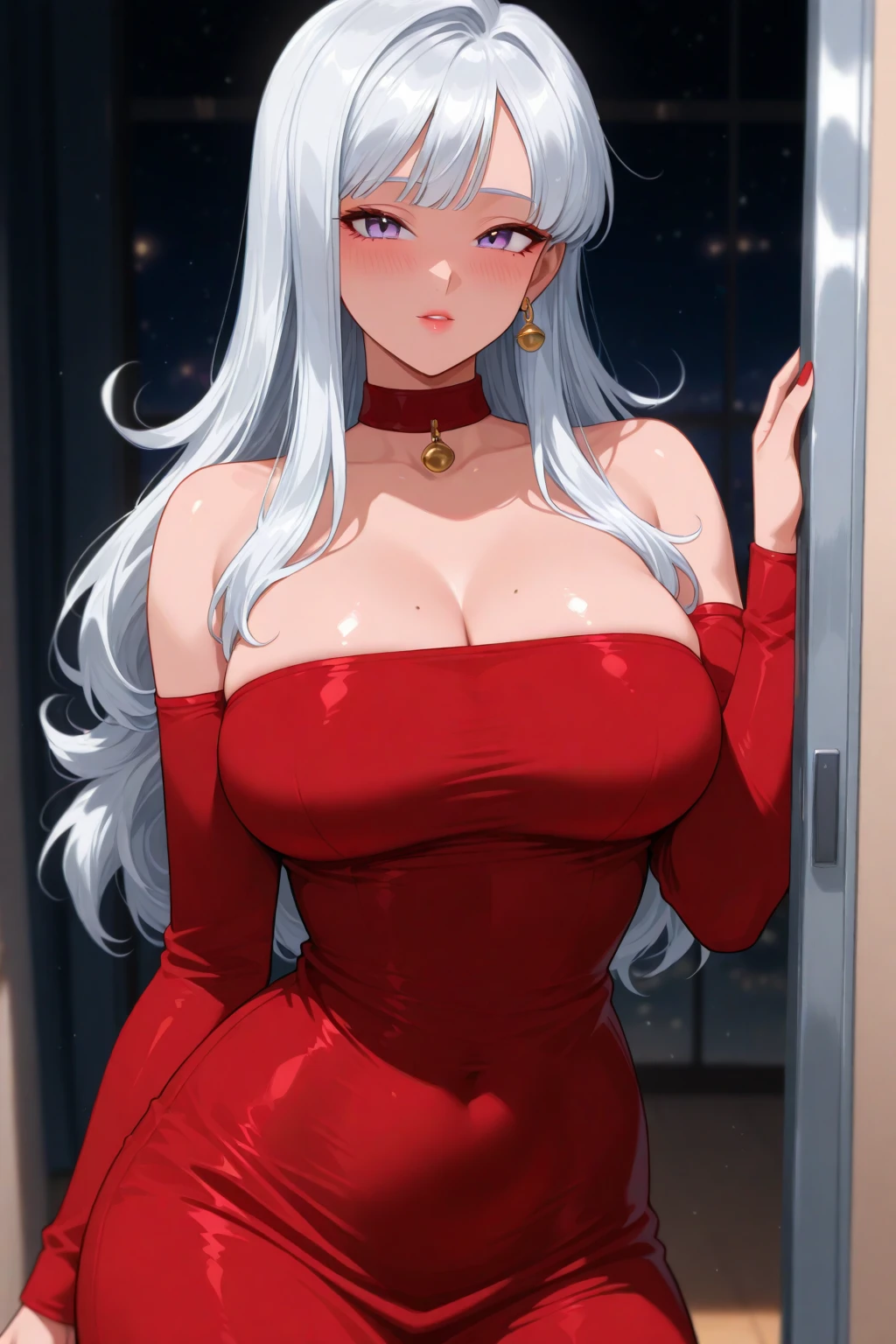 {-erro_de_anatomia:1.0} ultra realistic 8k cg, masterpiece, ((ultra detailed background, delicate pattern, intricate detail)), (highly detailed, fine detailest quality, 1girl, (photorealistic:1.4),beautiful lighting, absurdres, RAW photo, film grain, ((medium breasts, slim girl)), 1girl, MeiMei, solo, long hair, braid, dress, hair over one eye, smile, braided bangs, braided ponytail, white hair, , holding, makeup, grey hair, red lips, one eye covered, lipstick, parted lips, single braid, (complex detailed background, outside, environment, cowboy shot, from behind), black dress, Mei Mei from Jujutsu Kaisen, S, CHRISTMAS bikini, RED bikini, BIG , CLEAVAGE, BIG CLEAVAGE, CHRISTMAS bikini, white clothes, meimei (jujutsu kaisen), christmas dress, red dress, red dress with big cleavage, christmas lingerie, bare chest, smirk