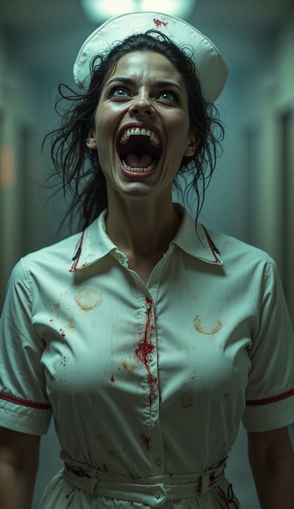 The image shows a woman in distress, possibly crying out in pain or horror. She appears to be a medical professional, as she is wearing a white lab coat and a teal scrubs top underneath. Her face is smeared with blood, and she has visible cuts and bruises. The background is dark and ominous, with a textured, almost decaying appearance, enhancing the intense, emotional, and chaotic atmosphere of the scene. This image likely portrays a moment of extreme trauma or a dire situation, often seen in horror or thriller genres.