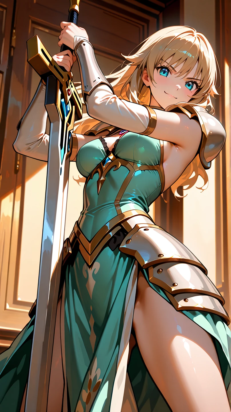 A woman in a pink leotard holding a sword、Wearing shiny breasts armor、solo、Short blonde girl、Red-eyed、Two Side Up Hair、drills hair、Zodiac Knight Girl、 portrait Zodiac Knight Girl、Shining Green Tourmaline Armor、Boobs、Big Breasts、cleavage、had very large breasts、A charming princess night、Dressed in light armor、Leotard Armor Girl、Dark blue pantyhose、Shiny Green Tourmaline Armor、Galaxy Princess、Crystal Green Tourmaline Armor、Epic battle fantasy、The King's Hymn as a Princess、High quality anime art style、Smooth anime CG art、Princess Night、digital manga art、Sexy female warrior、High quality color sketches、Princess of Rubellite、Green Tourmaline Reflective Armor