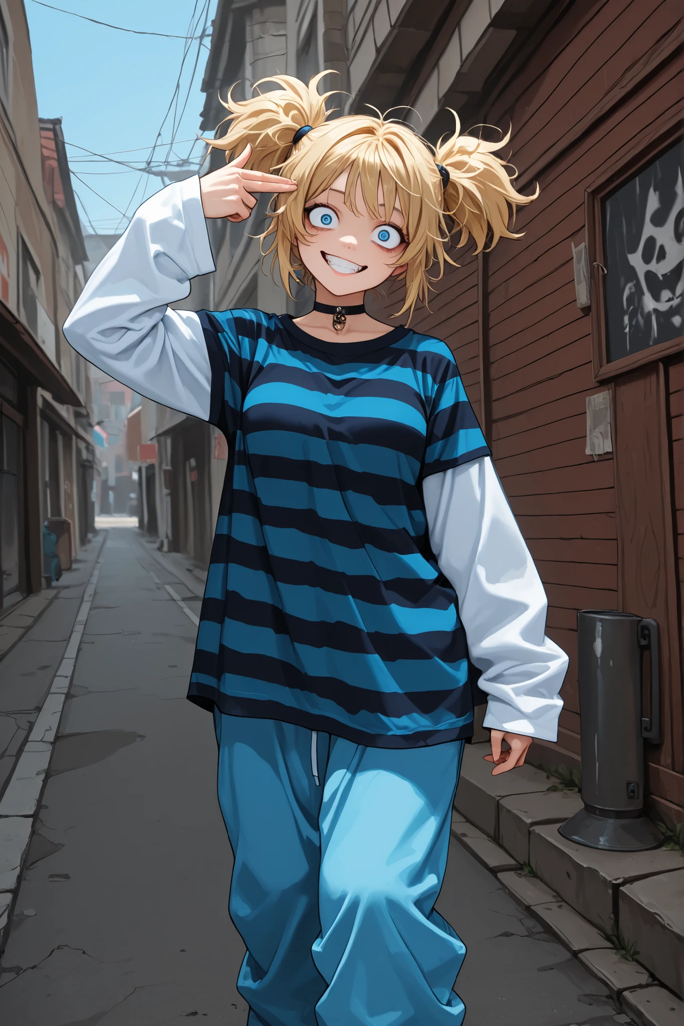 finger gun to head, 1girl, blonde hair, blue eyes, black and blue striped shirt, black and blue shirt, white sleeves, long sleeves, blue pants, baggy pants, short hair, messy hair, short pigtails, oversized shirt, outdoors, breasts, grin, choker, head tilt, crazy eyes, crazy grin