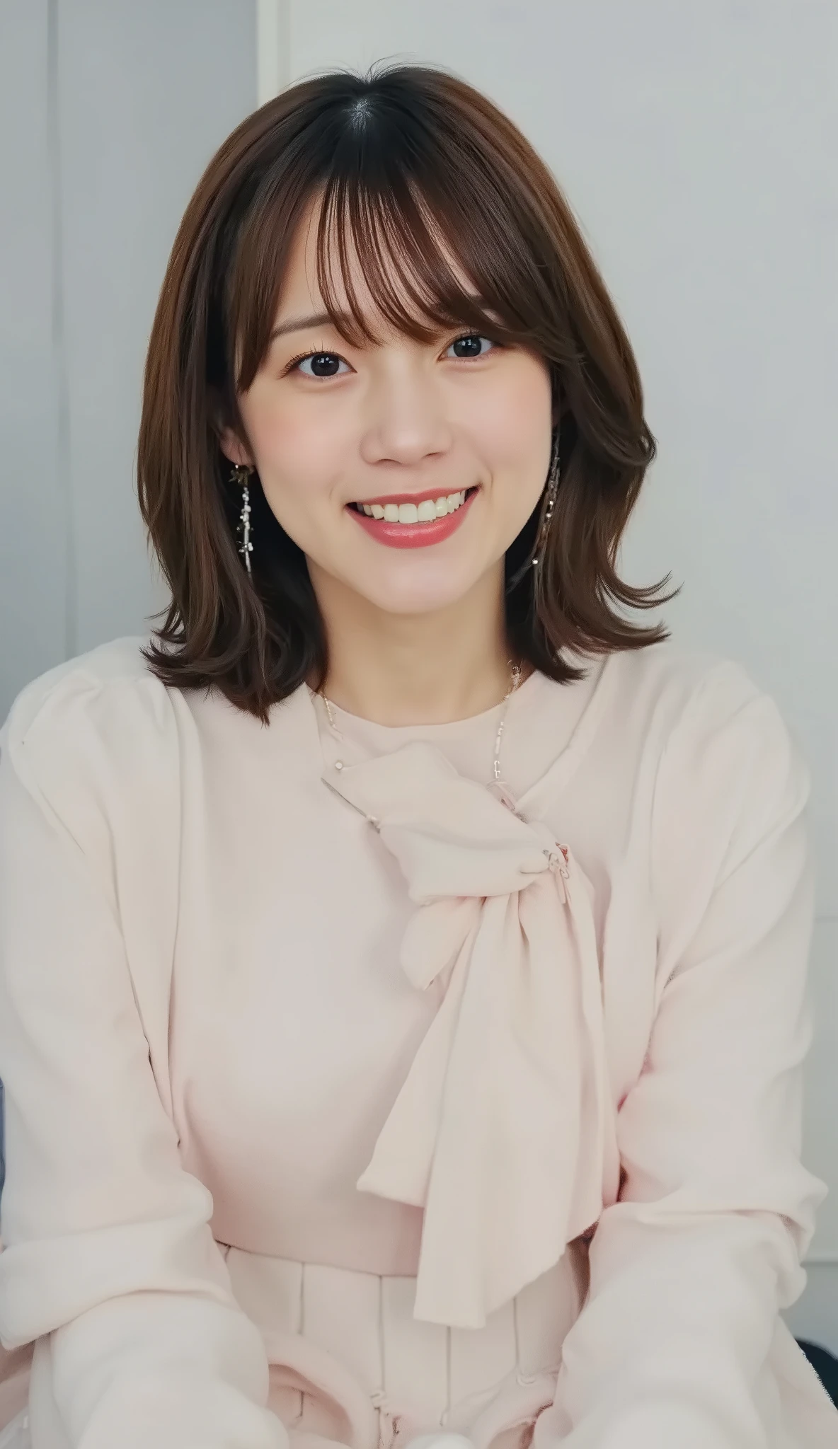 Neat Young Woman、and look at the camera、office lady suit、jacket、shirt、necklace、ear piercing、黒髪、、smile showing teeth、背景はオフィス