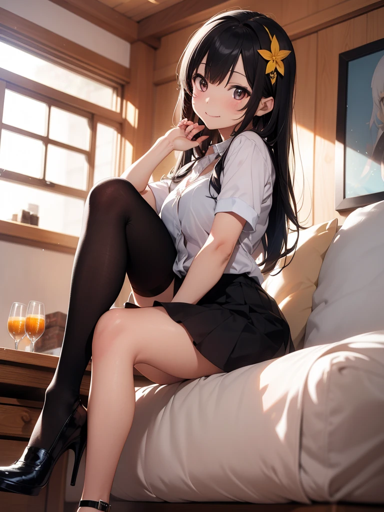 One Girl, Natural light, masterpiece, Very detailed, shape, Game CG, high quality, Medium Chest, Black Hair, black eye,Lightly curled twin tails, Glossy Lips, Looking down at the viewer, Lips parted, blouse with white frills, short black pleated mini skirt, Sitting, (Crossing your legs:1.5),Beautiful feet,Beautiful fingers,Lady,Plump thighs,Inside the room,Place your hands together on your lap,Cool eyes