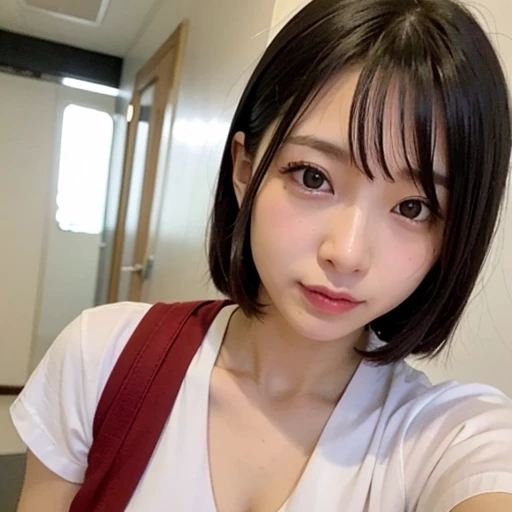 (kawaii 24 year-old Japanese girl, Nogizaka idol, Korean idol), (glossy black hair, messy very short hair, messy pixie cut, symmetric hair length, even length hair edges:1.3), (bangs), (extra rounded face, black eyes, single eyelid, no makeup, soft smiling:1.2), (wearing light blue t-shirt:1.3), (flat chest, extra small breasts:0.8), (looking at viewer:1.2), BREAK, (simple white background:1.3), (angle from below, portrait:1.3), BREAK, (masterpiece, best quality, photo realistic, official art:1.4), (UHD, 8K quality wallpaper, high resolution, raw photo, golden ratio:1.2), (shiny skin), professional lighting, physically based rendering, award winning, (perfect anatomy, highly detailed skin, extremely detailed face and eyes), Carl Zeiss 85 mm F/1.4, depth of field, 1girl, solo,