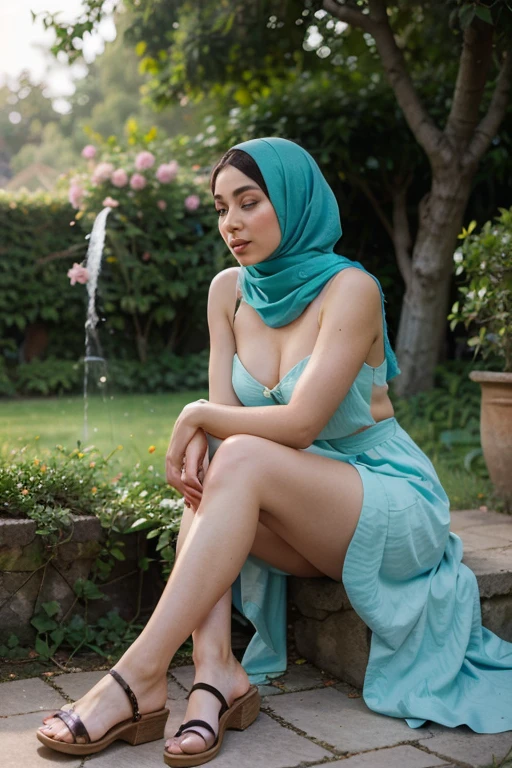 realistic, 1girl, ((white hijab)), purple eyes, glowing eyes, crop top, skirt, parted lips, blush, night, flowers, sun, sunlight, looking at viewer